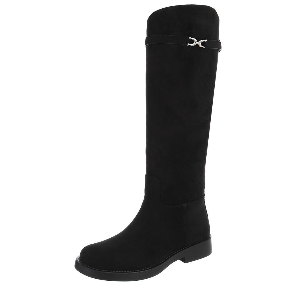Ital-Design Damen Langschaftstiefel mit Zierschnalle, flach Stiefel (92268965) Blockabsatz Flache Stiefel in Schwarz