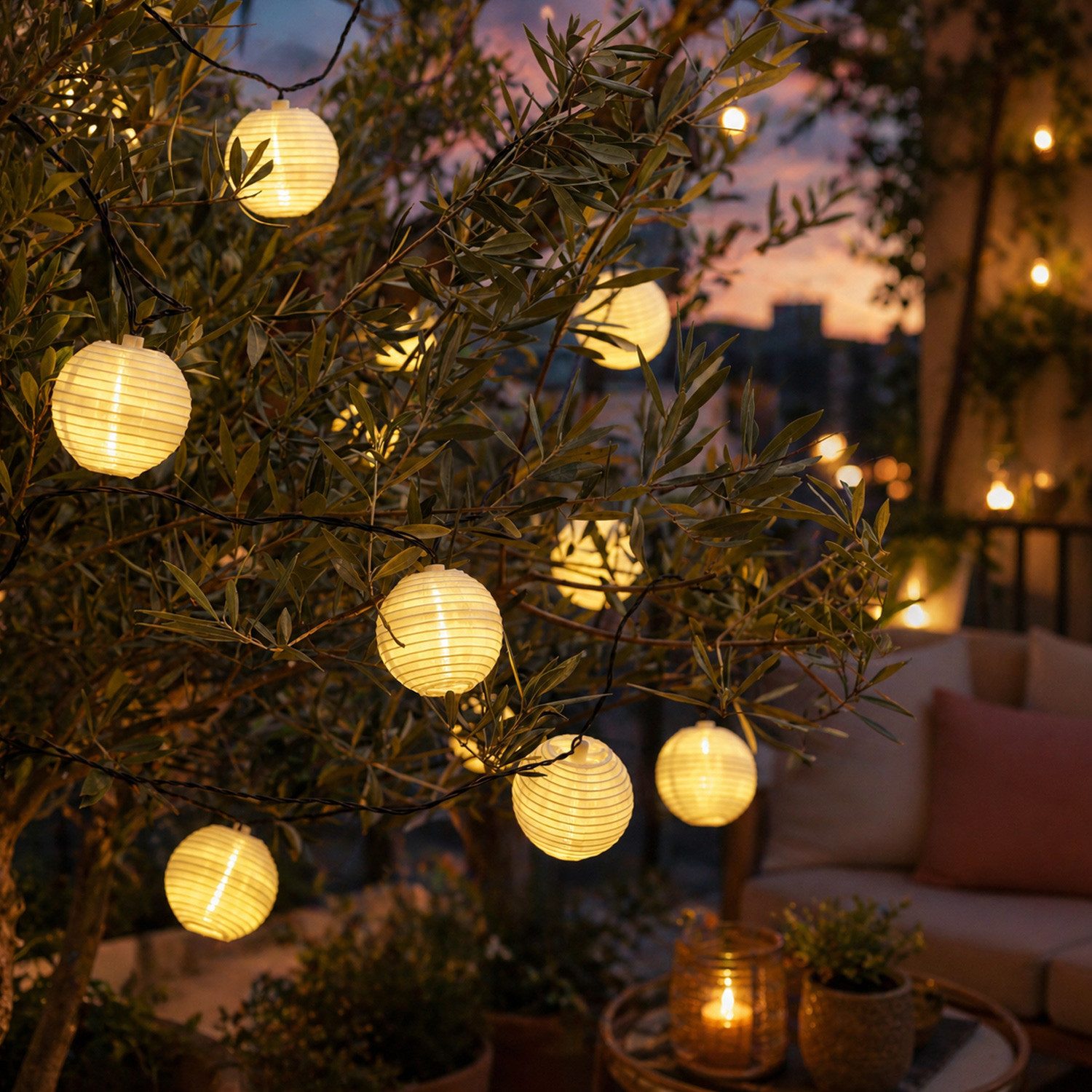 MARELIDA LED-Lichterkette Lampionkette 20 weiße Lampions 8Funktionen 5,7m Garten Balkon Terrasse, 20-flammig