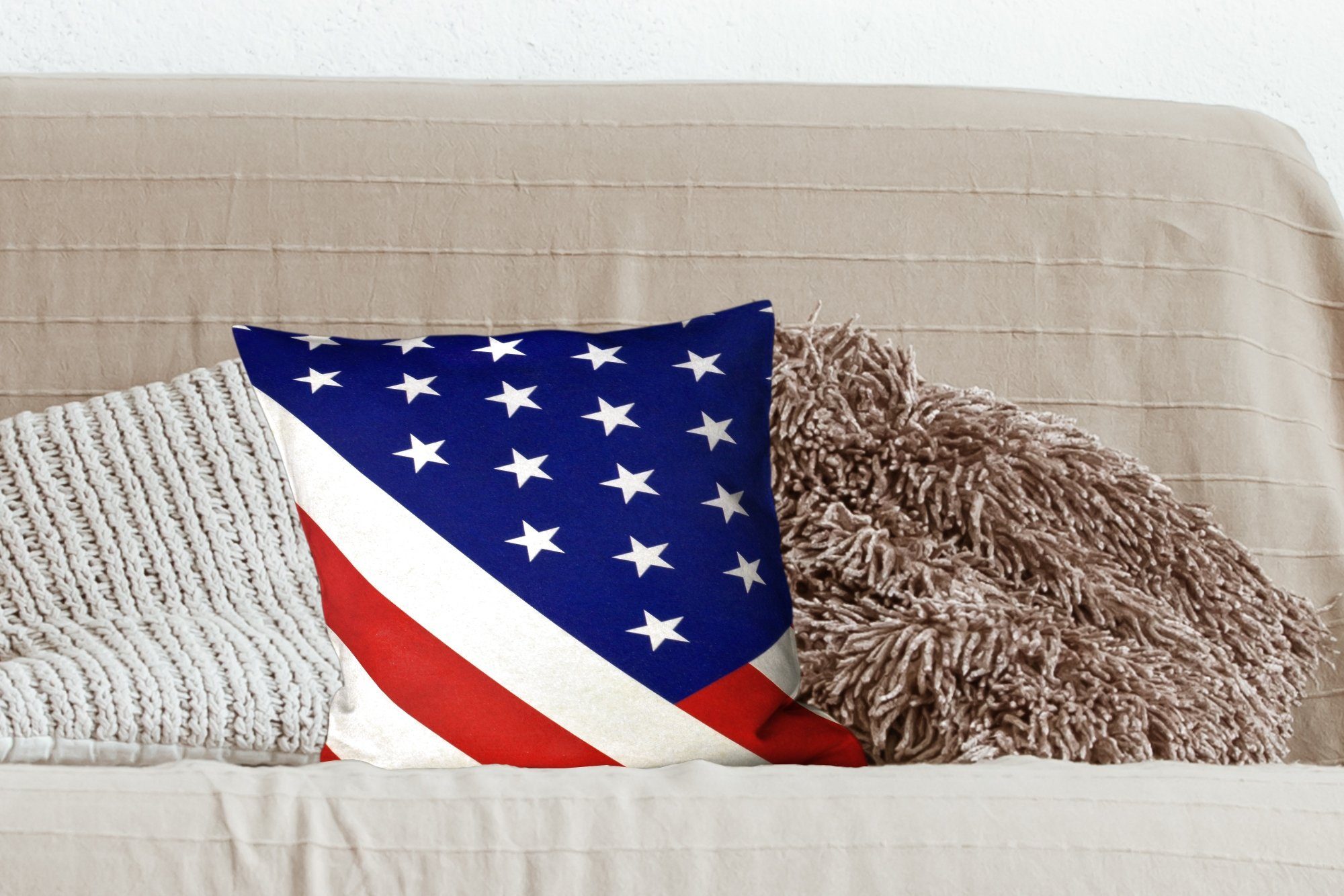 Schlafzimmer, MuchoWow der Vereinigten für Sofakissen Deko, Füllung Staaten, Wohzimmer, Zierkissen Teil Flagge mit der Dekokissen