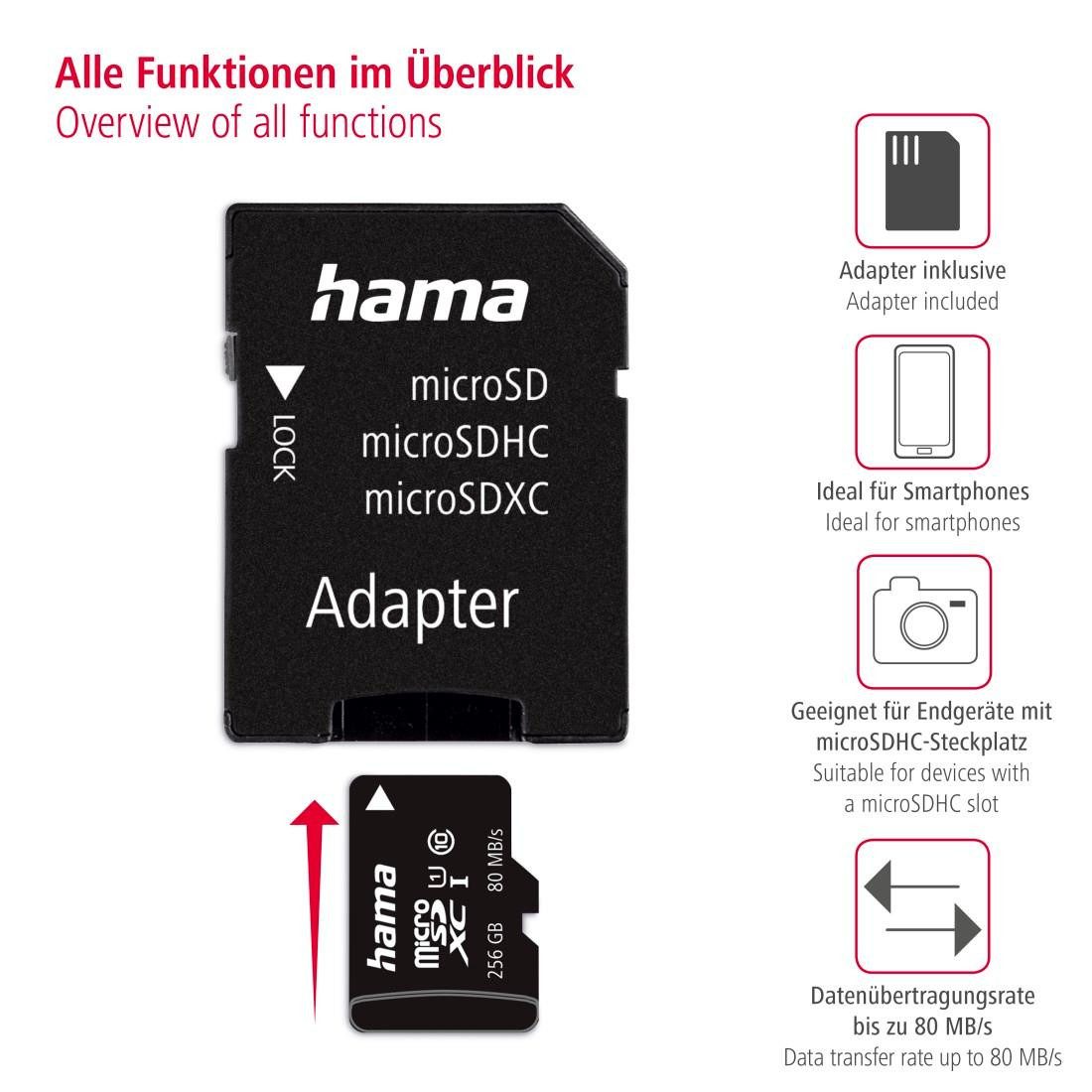 Hama microSD Karte, Memory Fast, + Adapter/Mobile, Class 10 UHS-I Speicherkarte (256 GB, UHS-I Class 10, 80 MB/s Lesegeschwindigkeit)