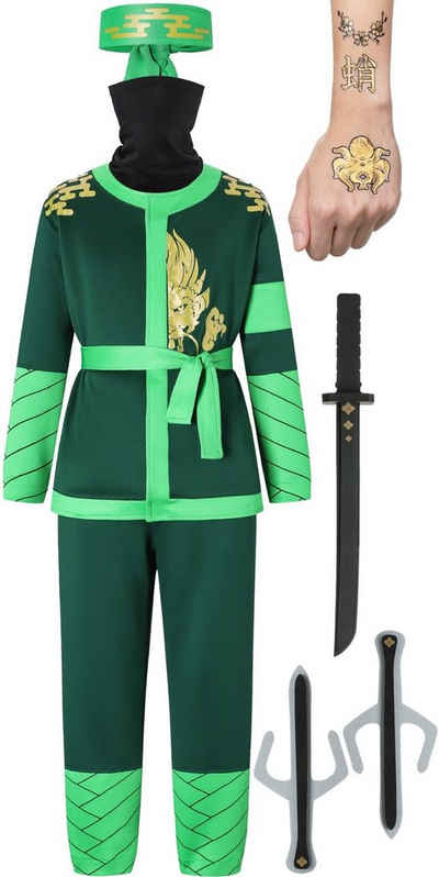 Corimori Kostüm Ninja-Kostüm für Kinder (Jungen und Mädchen) mit Zubehör (Katana-Schwe, Katana-Schwert, Dolche, Stirnband, Maske, Tattoos, Grün S 98-110 cm