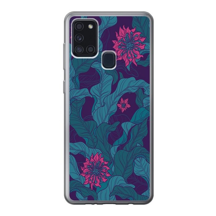 MuchoWow Handyhülle Eine Illustration eines Blumenmusters mit lila Blumen Handyhülle Samsung Galaxy A21s Smartphone-Bumper Print Handy
