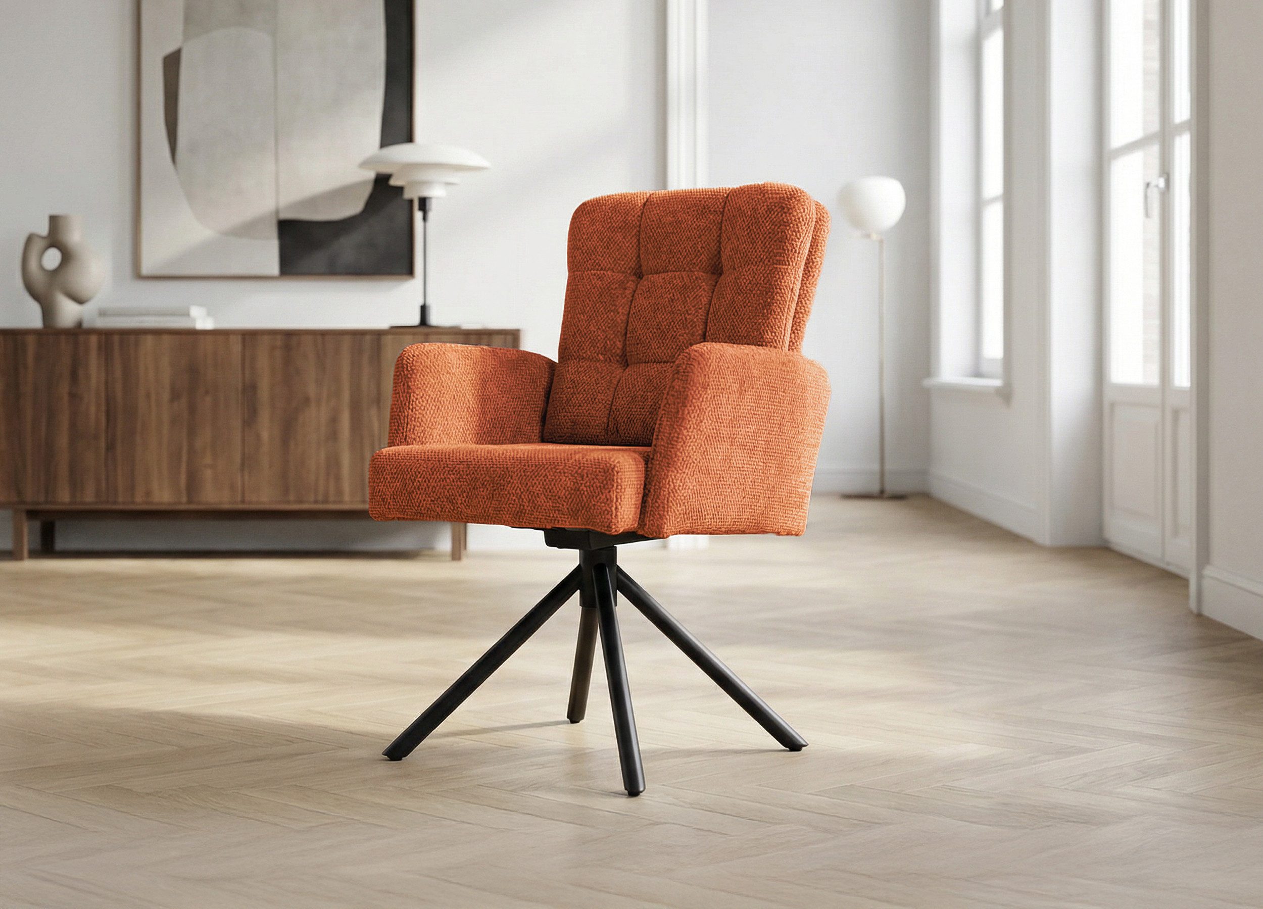 Massivart® Polsterstuhl drehbar, Esszimmerstuhl mit Wippfunktion & Taschenfederkern, »Hedia«, Armlehnen · Chenille-Optik · Metallgestell schwarz