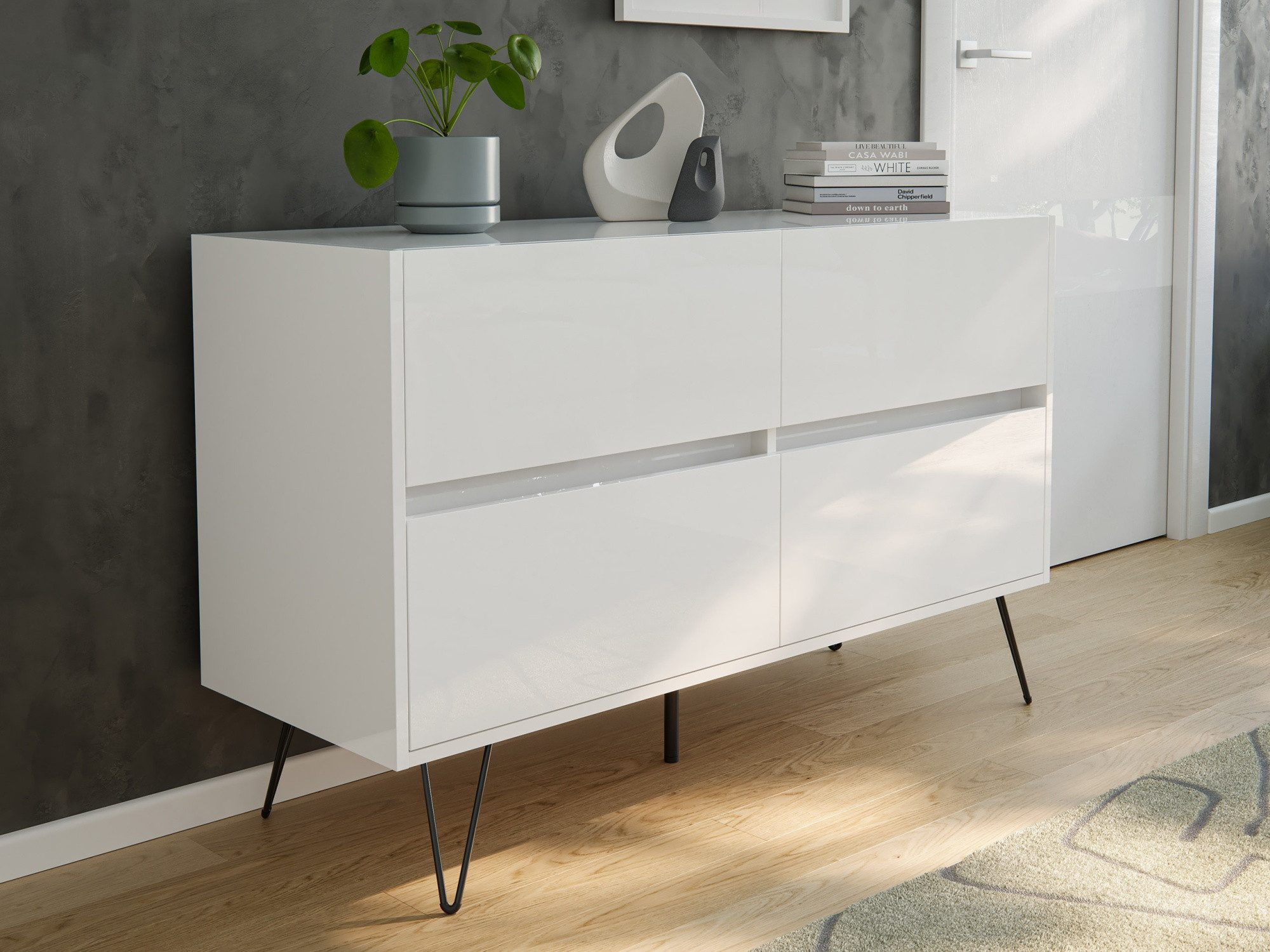 Sideboard Kommode Dion 120cm 4 SoftClose Schubladen Weiß hochglanz