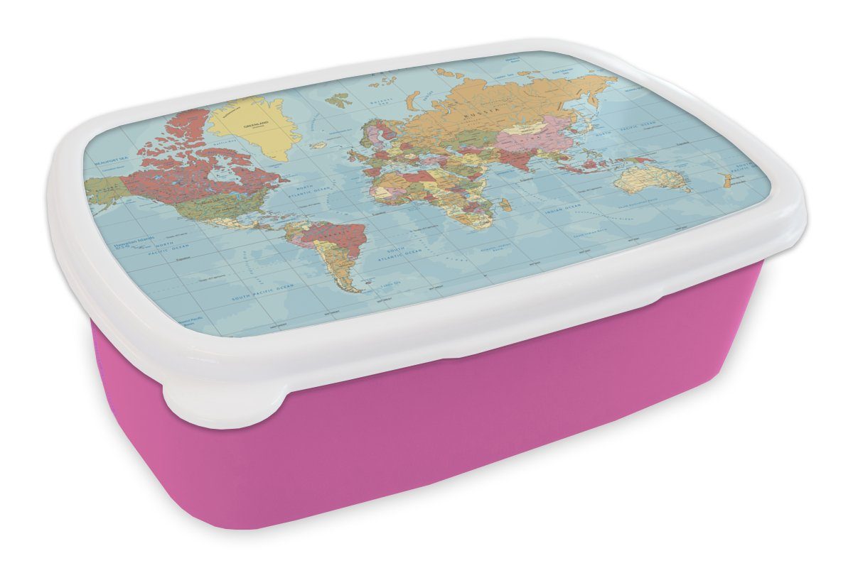 MuchoWow Lunchbox Karte - Welt rosa Kunststoff Farben, Erwachsene, Brotbox Kunststoff, - Brotdose Mädchen, für Kinder, Snackbox, (2-tlg)