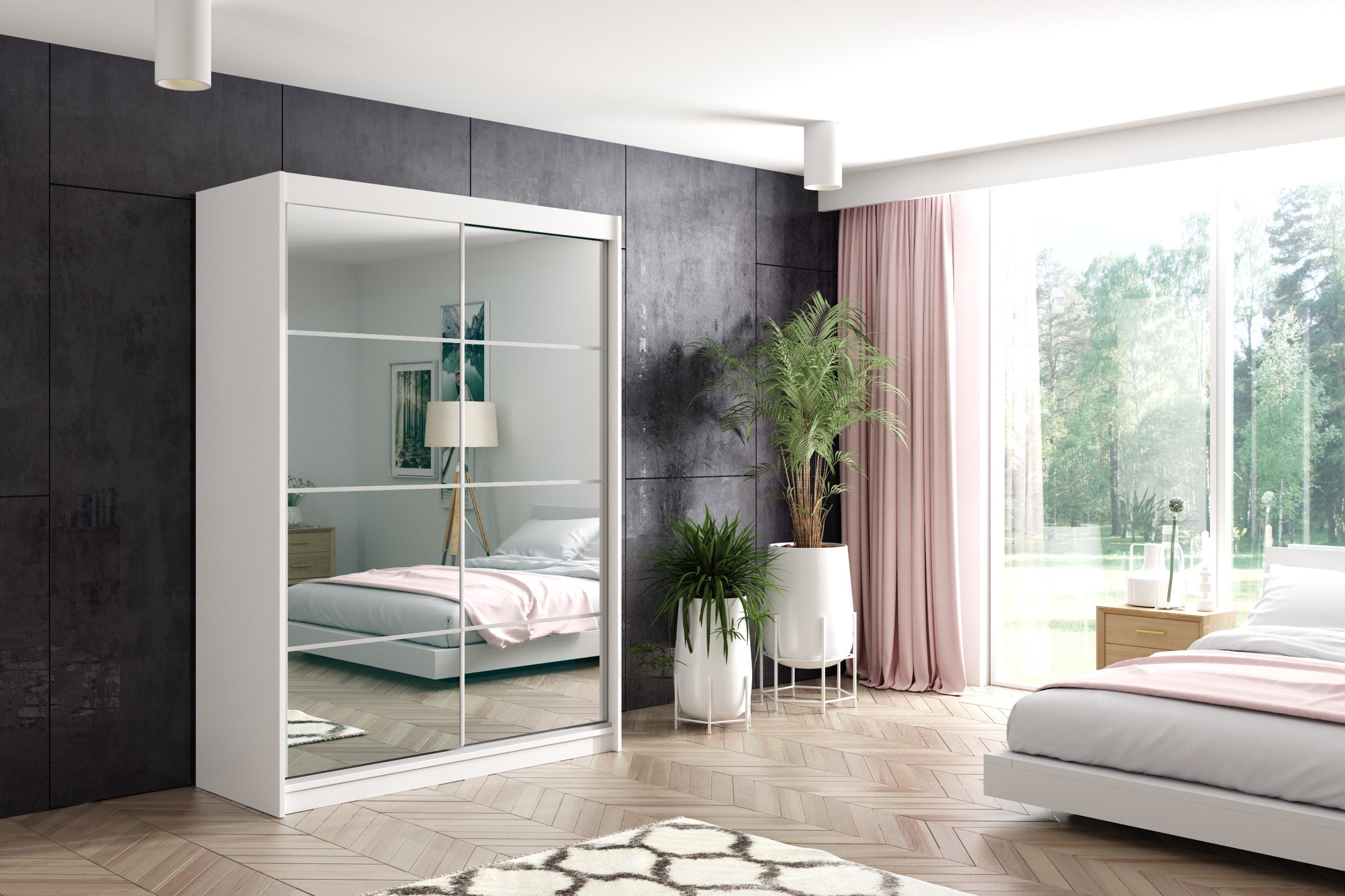 ALTDECOR Schiebetürenschrank VIVONA (Kleiderschrank Garderobenschrank mit viel Stauraum Moderner Schrank) Spiegel Spiegeltüren Geriffelten Fronten LED Beleuchtung