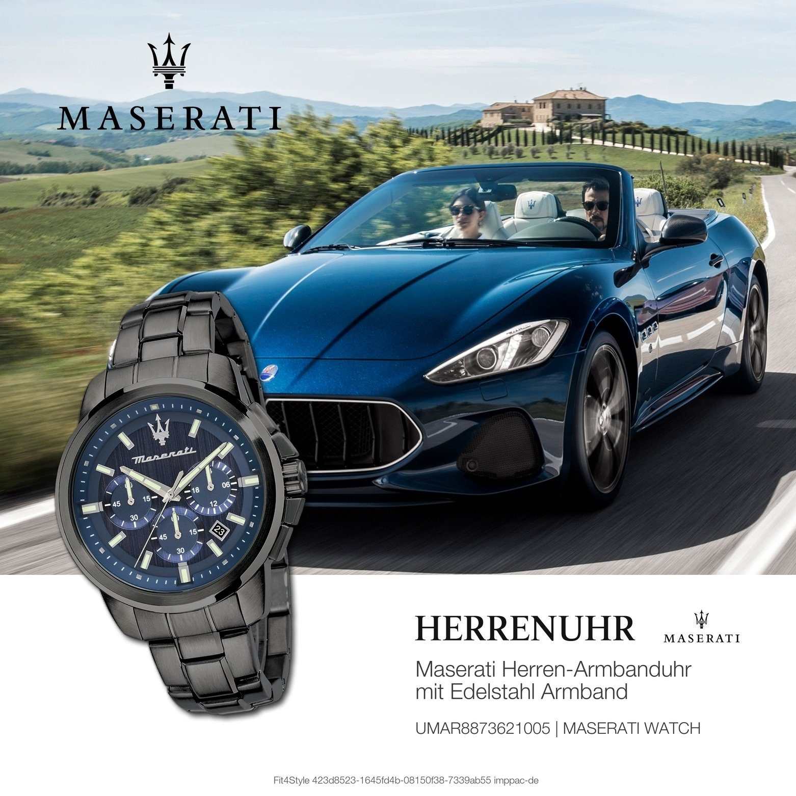 MASERATI Chronograph Uhr 52x44mm) Italy Maserati groß Chronograph, (ca. Herrenuhr rund, Herren blau, Made-In Edelstahlarmband, grau