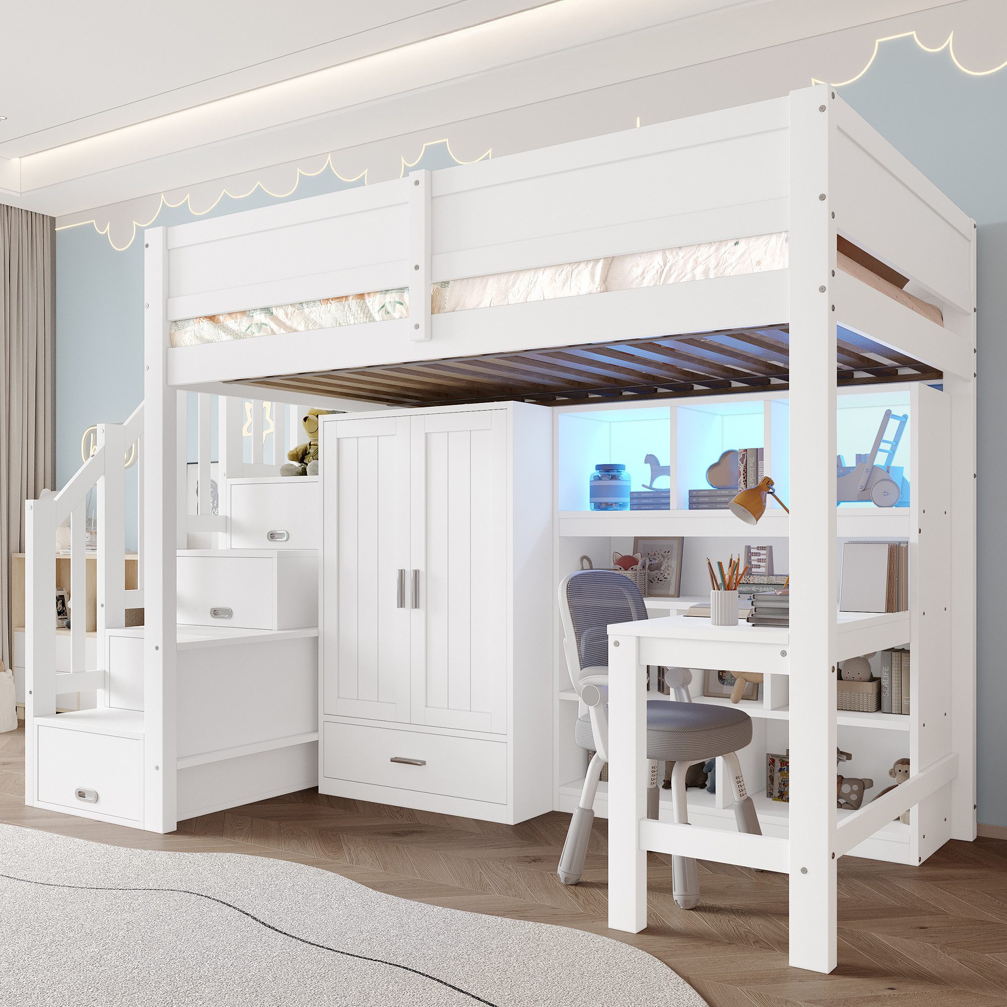 Merax Hochbett 90x200cm mit LED-Beleuchtung (1-St., Massivholz Jugendbett Einzelbett Hausbett) Kinderbett mit Schreibtisch, Kleiderschrank, Regal und Stauraumtreppe