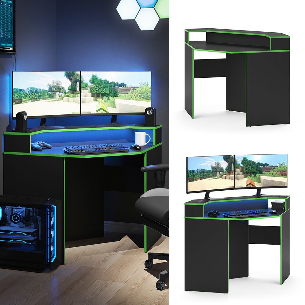 Vicco Computertisch KRON Schwarz Gamingtisch grün | schwarz Ecke schwarz Arbeitstisch grün Grün