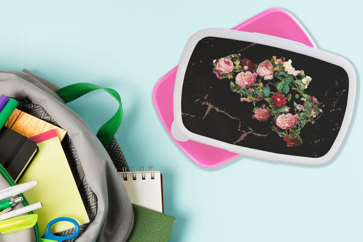 Erwachsene, Snackbox, für rosa (2-tlg), Brotdose Mädchen, Belgien MuchoWow Kunststoff Karte Kinder, Kunststoff, Brotbox Lunchbox Blumen, - -