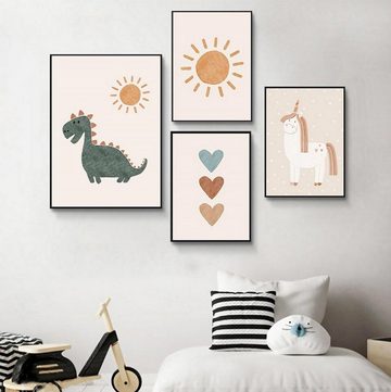 TPFLiving Kunstdruck (OHNE RAHMEN) Poster - Leinwand - Wandbild, Dinosaurier, Einhorn und Sonne für Kinderzimmer - (Mädchenzimmer, Babyzimmer, Jungenzimmer, Kindergarten), Farben: Pastel, blau, rosa, pink, beige - Größe: 10x15cm