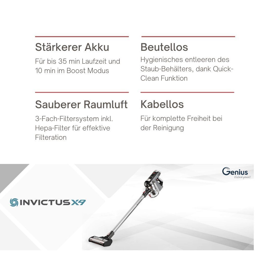 Genius Akku-Stielstaubsauger Genius Invictus X9 Akku-Handstaubsauger 23 tlg, Akku Staubsauger, 380 W, beutellos HEPA Filter, LED Ladestation freistehend UV Licht Bürste