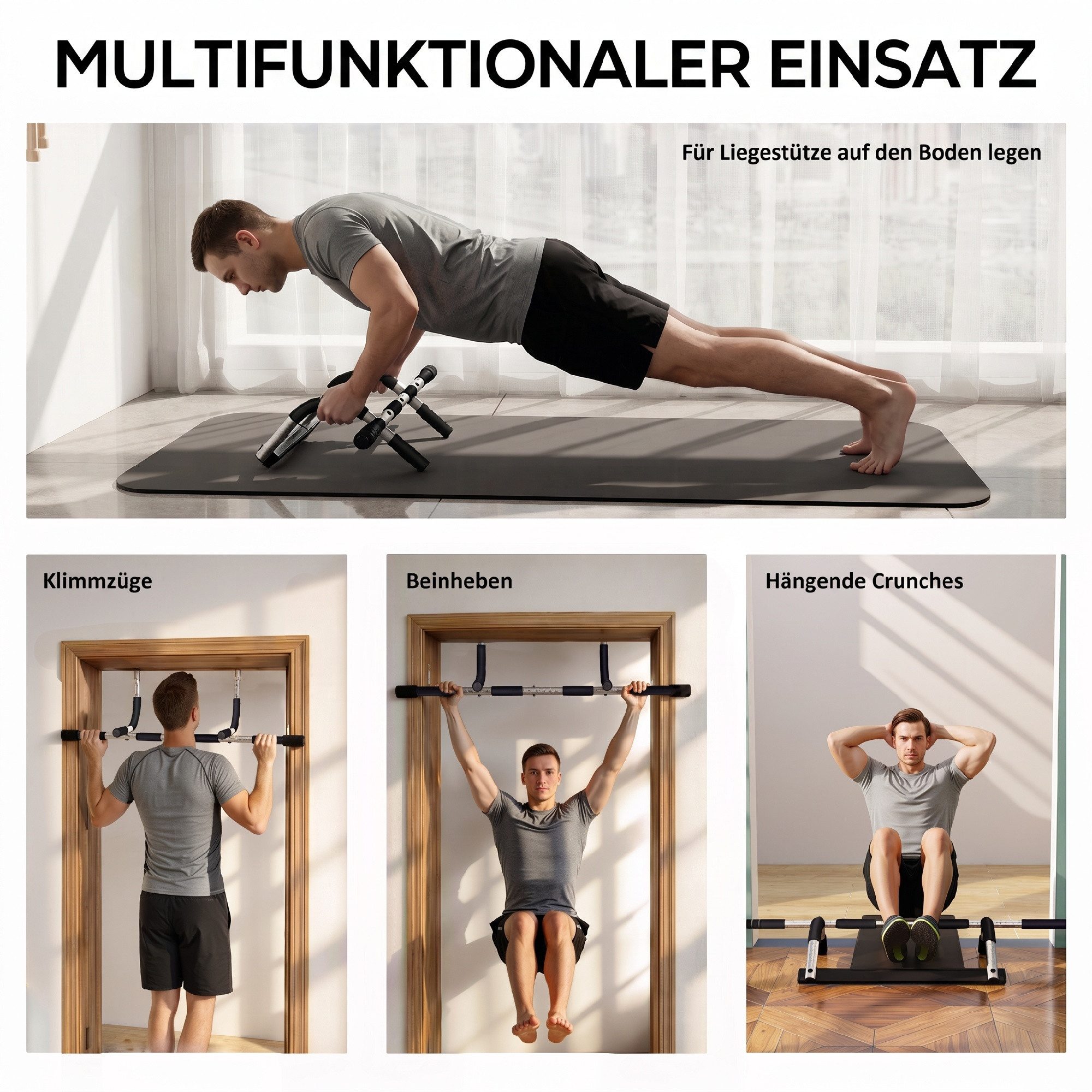 HOMCOM Klimmzugstange Türrahmen ohne Schrauben, Pull Up Bar, Tragkraft bis 110 Kg (Stahl, Schaumstoff, PE, 1-tlg., Schwarz+Grau), 92cm x 40cm x 17cm – Bild 4 von 5