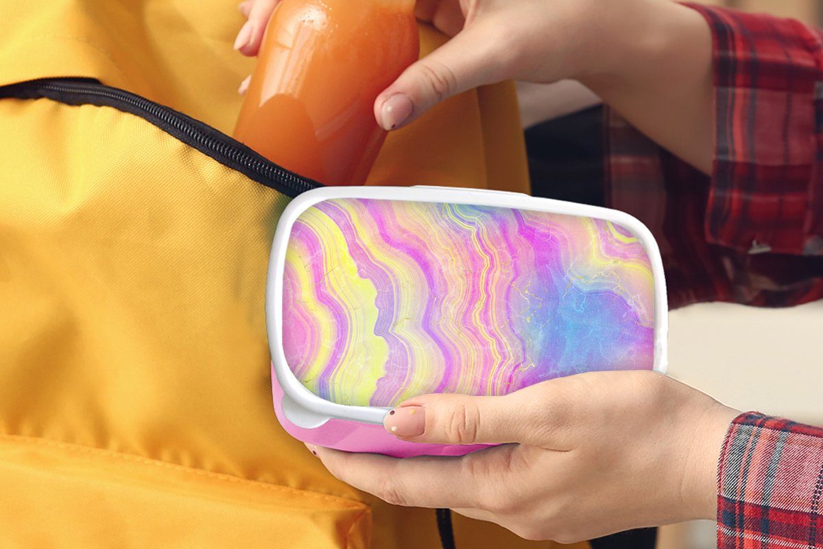 Brotbox - - Kunststoff, Regenbogen Kunststoff Snackbox, Kinder, MuchoWow Lunchbox Edelsteine, Erwachsene, für Mädchen, Achat - (2-tlg), rosa Neon Brotdose