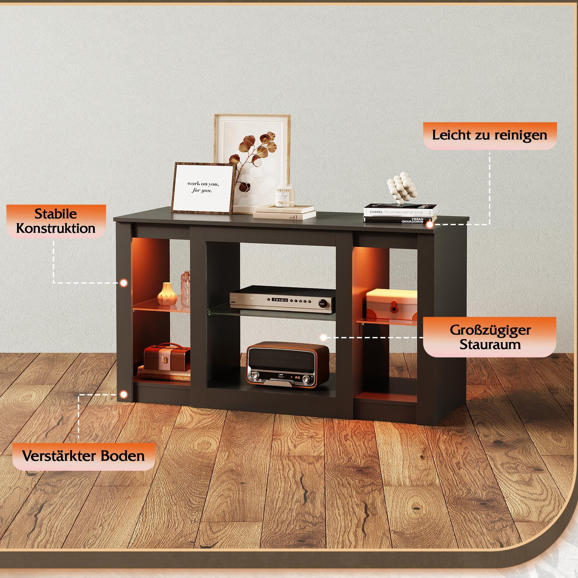 WLIVE Lowboard TV-Schrank mit RGB-LED (22 Modi), 3 offene Fächer & verstellbare, 100 × 40× 56 cm, modern & stabil – Bild 5 von 5