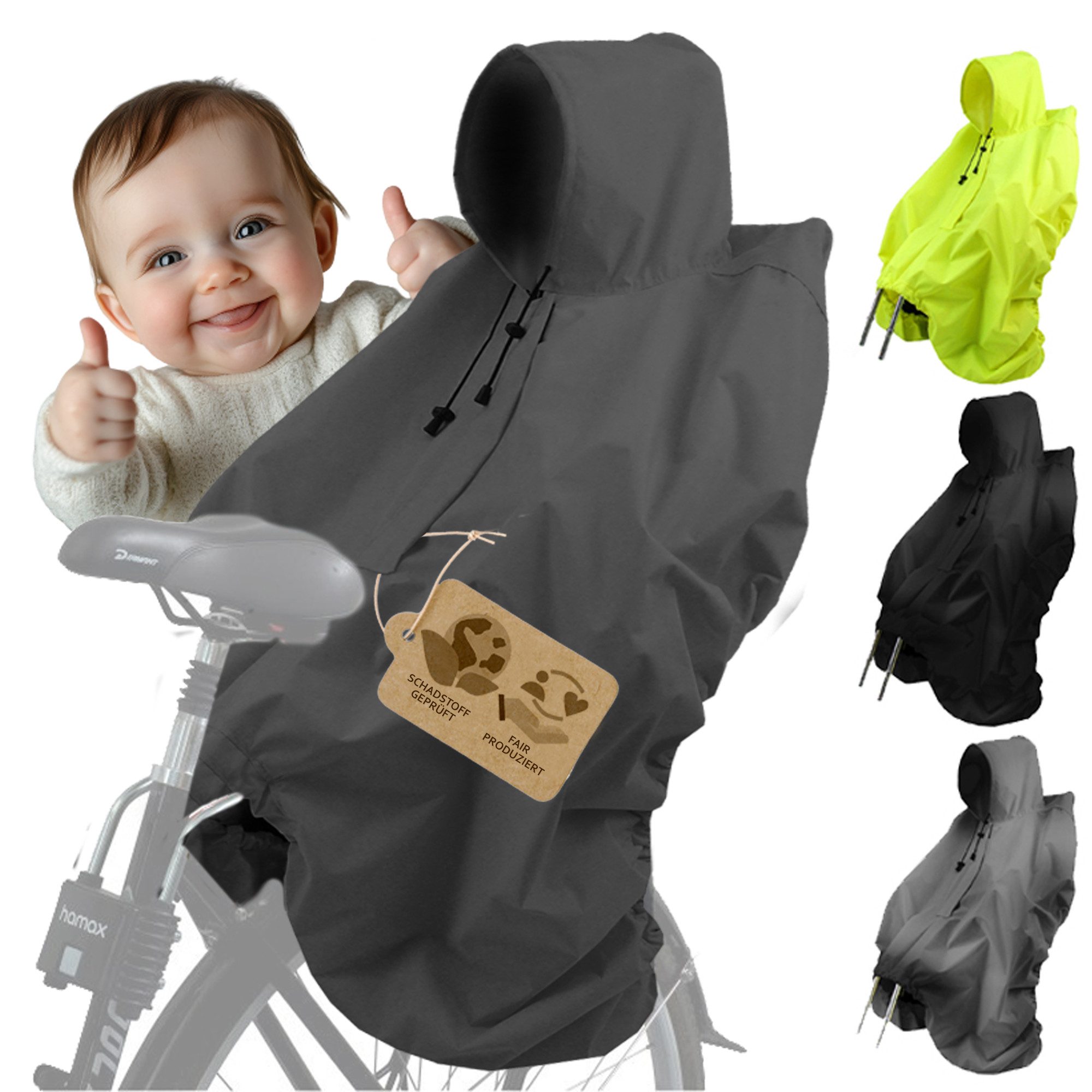 BambiniWelt by Rafael K. Fahrradkindersitz Regencape Regenponcho für Kinderfahrradsitz Reflektorstreifen, Kinderhelm passt unter die Kapuze