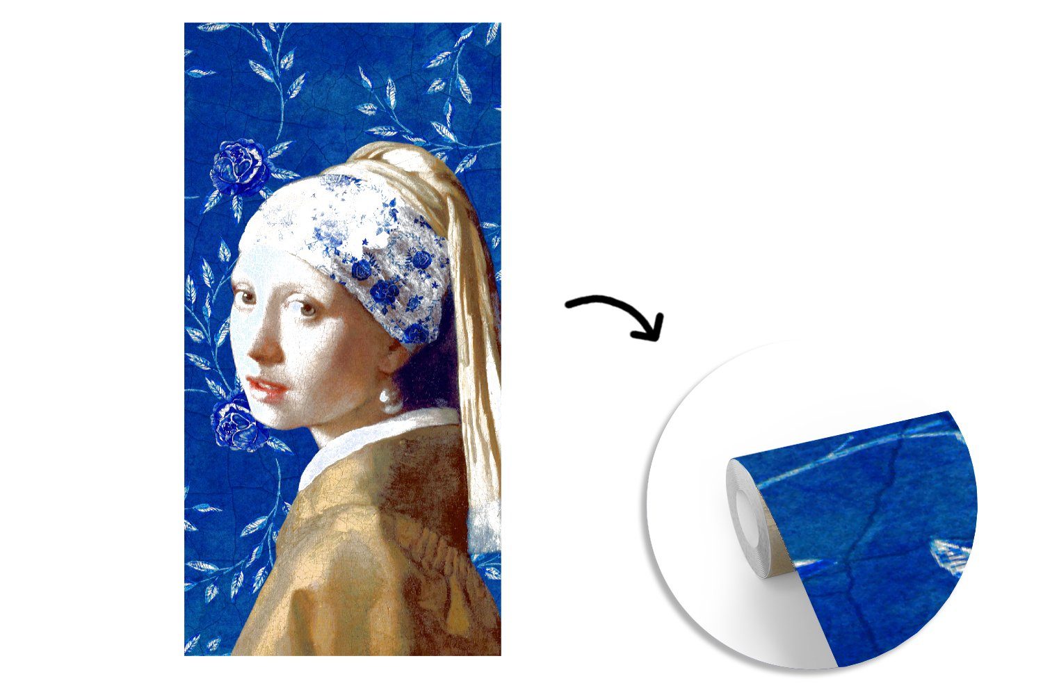 -, - Vermeer Delfter Fototapete Matt, (2 bedruckt, Küche, Fototapete MuchoWow Mädchen Porzellan mit - Perlenohrring - Schlafzimmer Vliestapete für Wohnzimmer Blumen St),