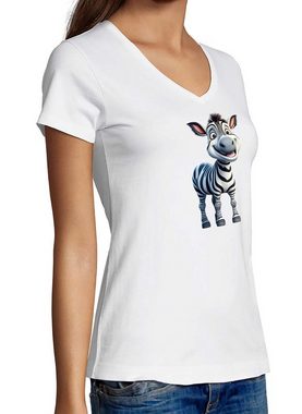 MyDesign24 T-Shirt Damen Wildtier Print Shirt - Baby Zebra V-Ausschnitt Baumwollshirt mit Aufdruck Slim Fit, i280