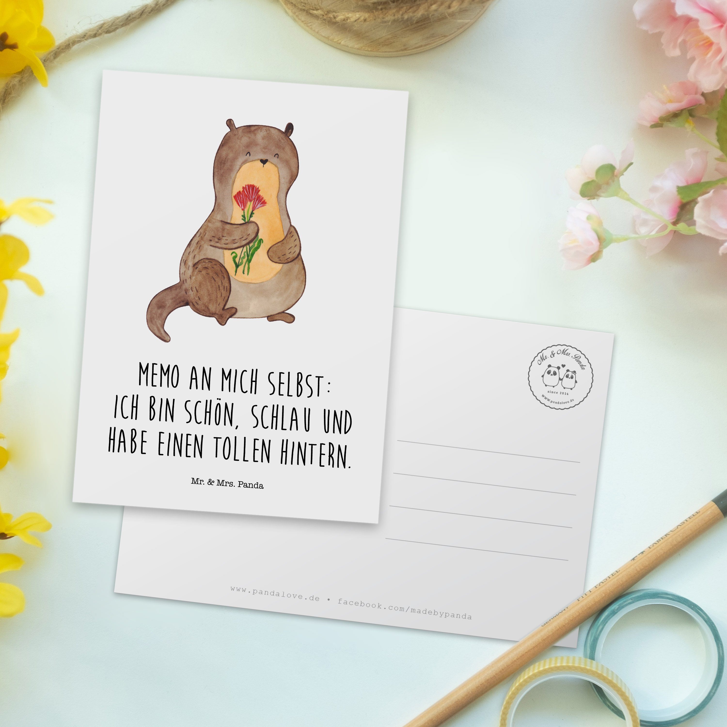 Mr. & - Panda Geburtstagskarte, Geschenk, Otter Einladungskar Blumenstrauß Weiß Postkarte - Mrs