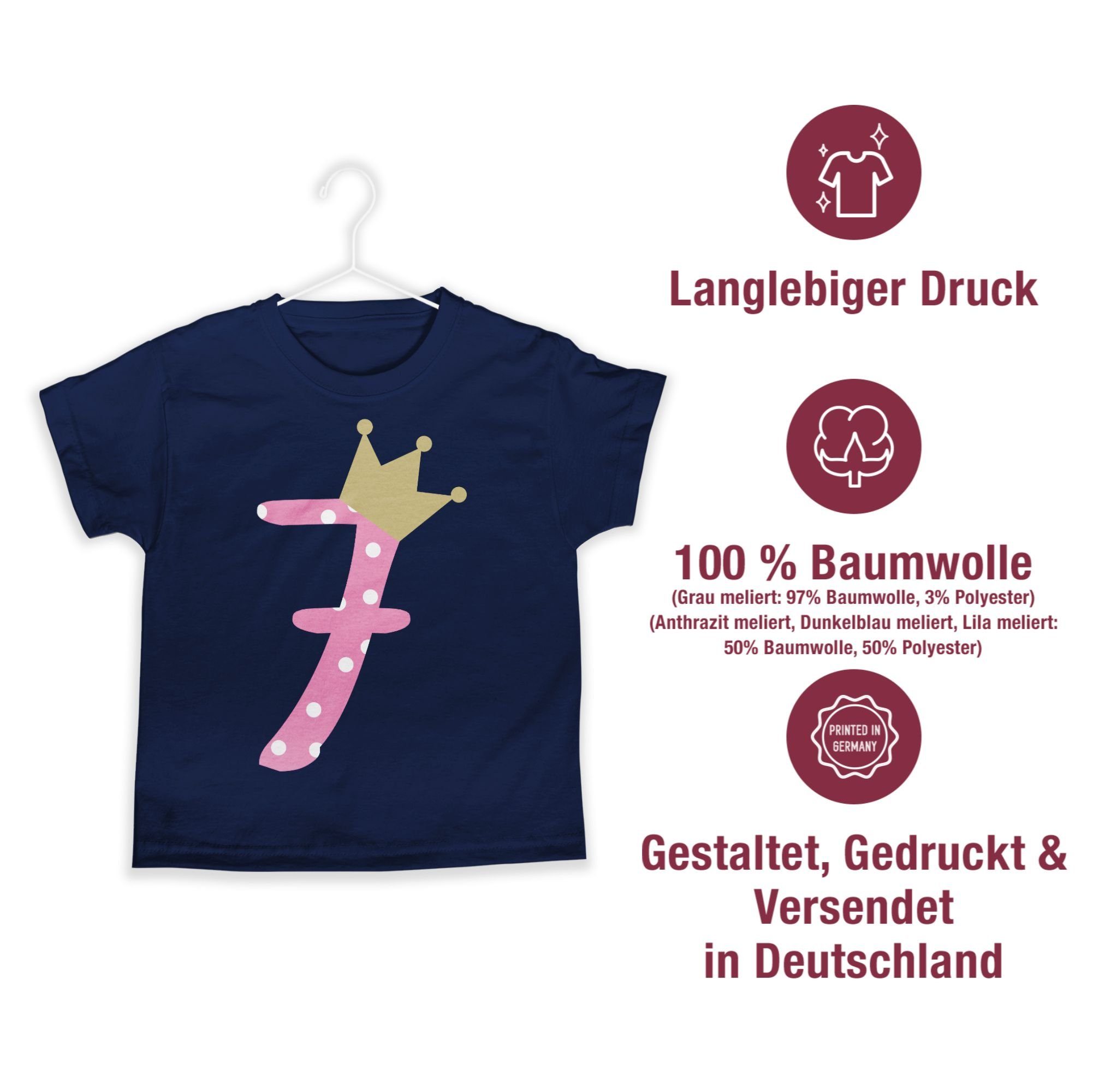 T-Shirt 7. Sieben Geburtstag Mädchen Krone 1 Siebter Dunkelblau Shirtracer