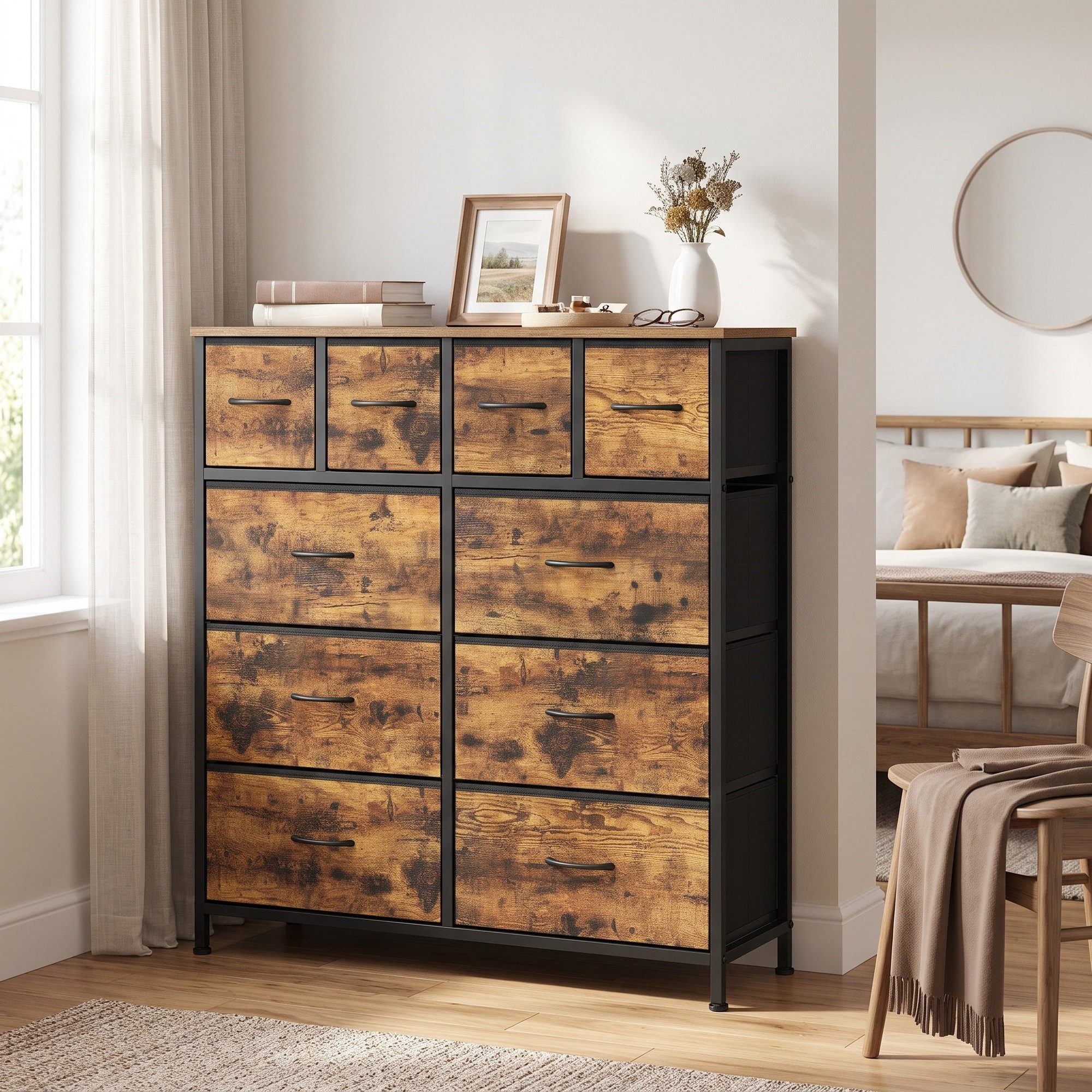 SONGMICS Kommode mit Stoffschubladen, für Schlafzimmer, Wohnzimmer, Flur, Aufbewahrungsschrank mit 10 Schubladen, 98,7 x 30 x 96,2 cm
