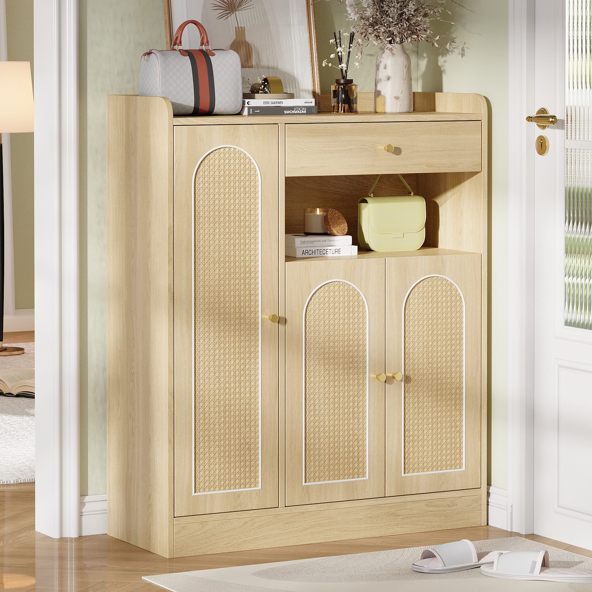 Merax Schuhschrank Rattan Schuhregal mit Stauraum, 1 Schublade, 3 Türen (1-St., Sideboard mit verstellbare Regale) kommode für Flur, Esszimmer