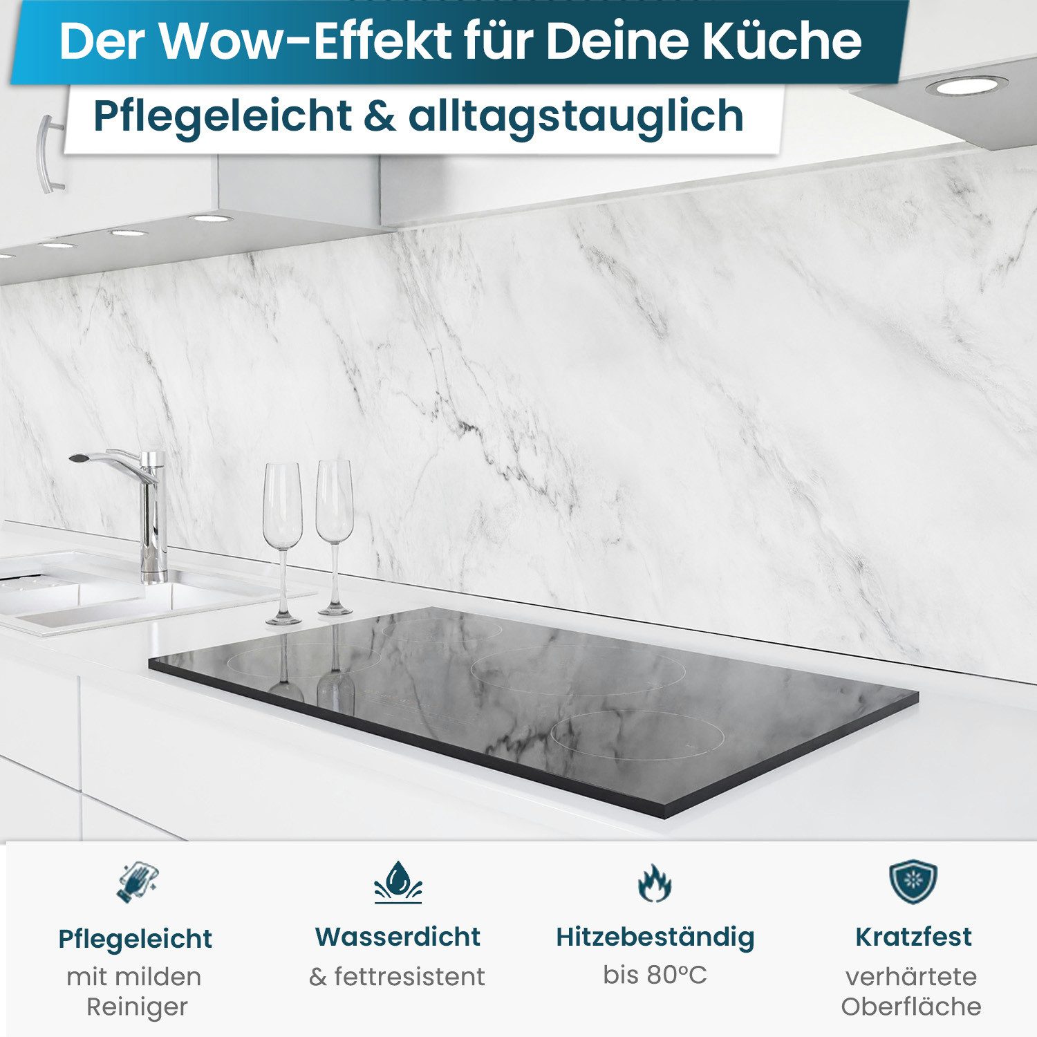 danario Küchenrückwand Folie selbstklebend - Matt - Spritzschutz Küche - versteift & robust