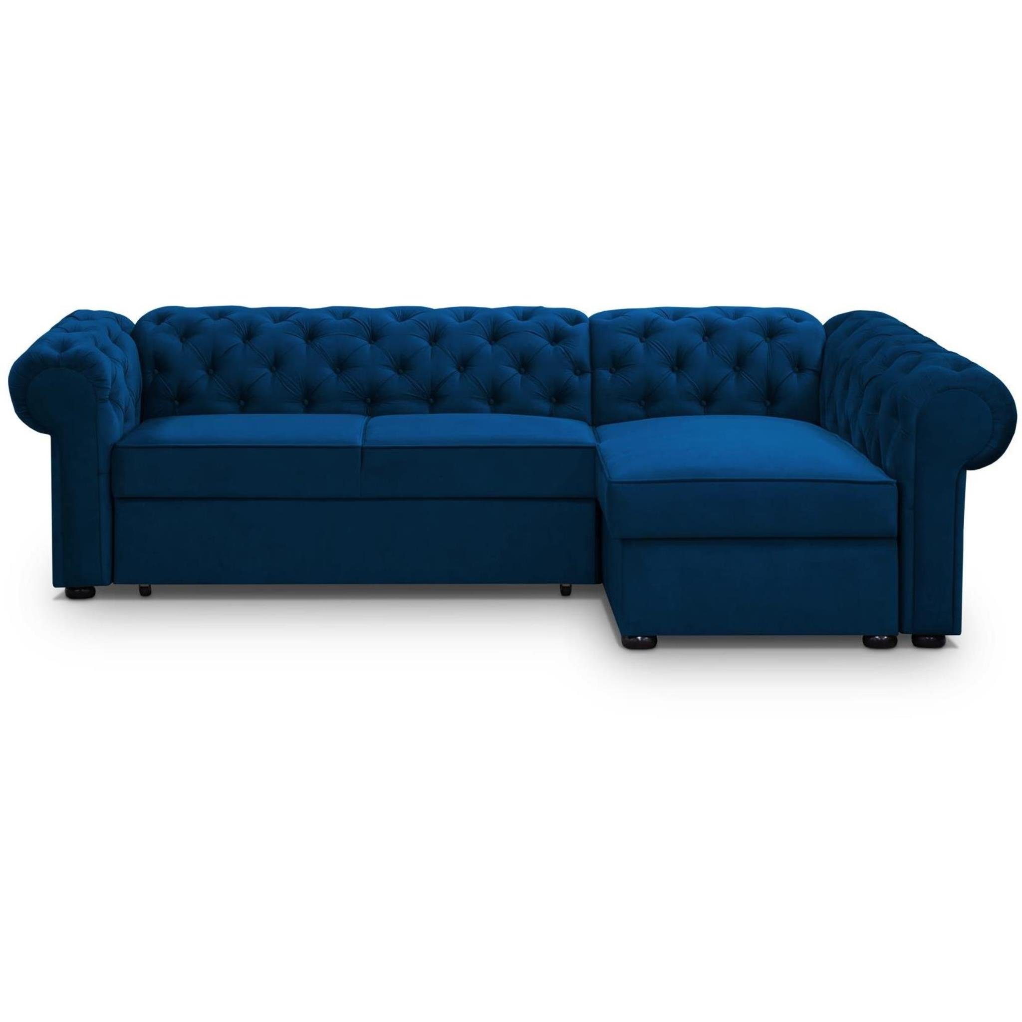 Relaxfunktion, rechts mane (kronos links Ecksofa montierbar, mit mit L-Form Marineblau Chester, Polsterecke Velour, 09) Beautysofa oder aus Bettkästen 2x