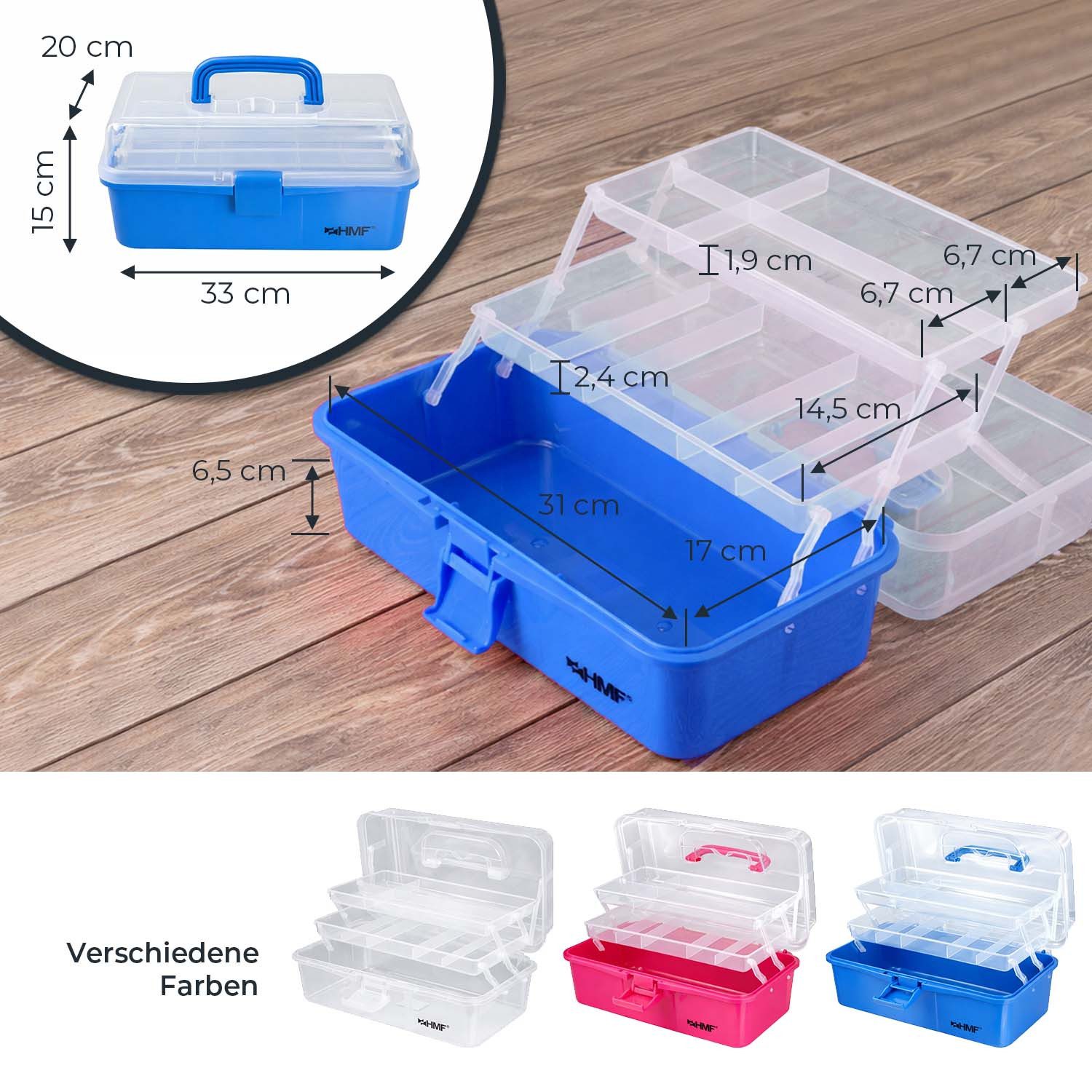 HMF Aufbewahrungsbox Nähkasten aufklappbar mit 3 Ebenen, Sortierbox mit 8 Fächern für, Kleinteile, 33 x 20 x 15 cm, Blau – Bild 5 von 5