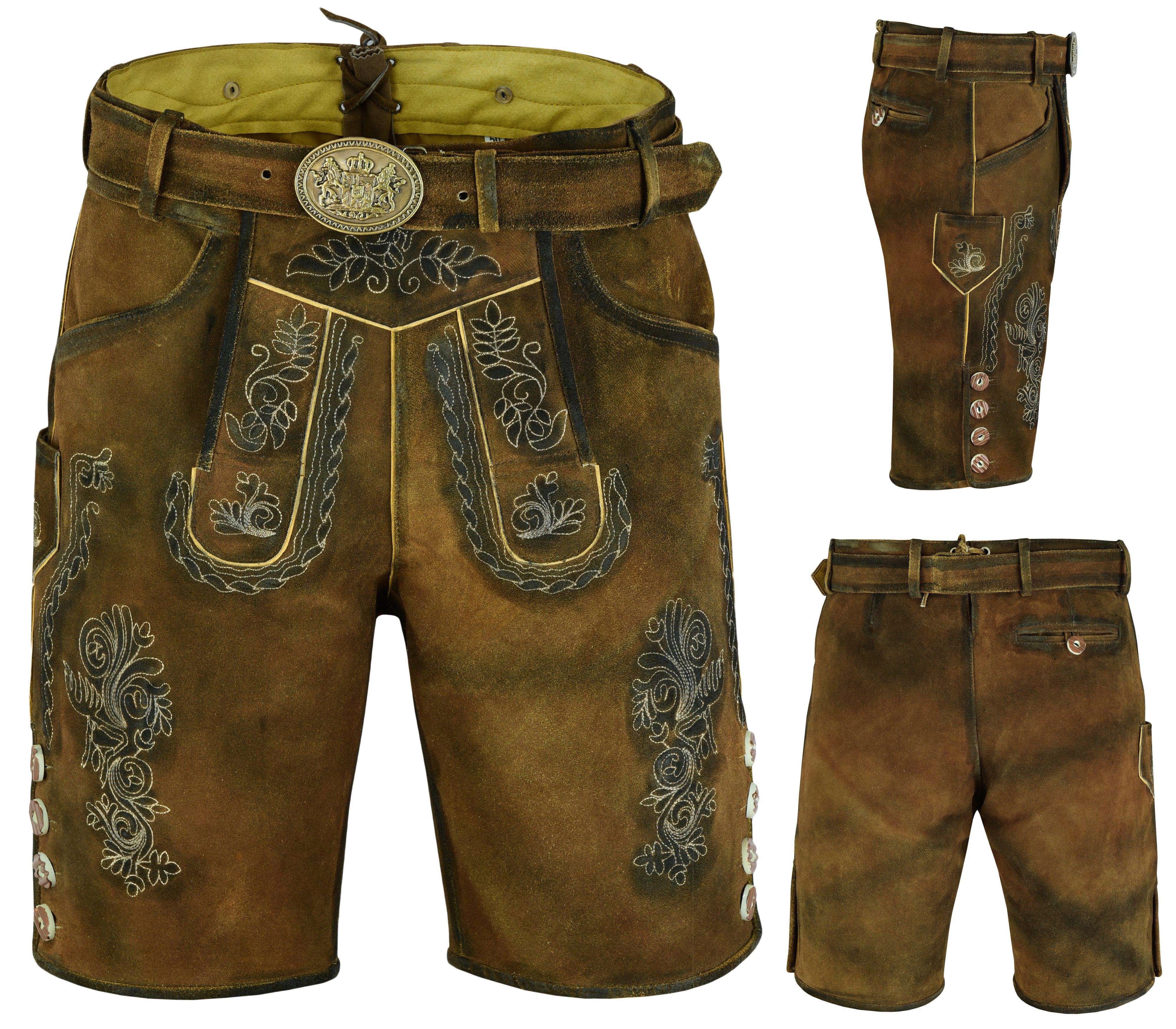 Myooka Trachtenlederhose Herren Lederhose Kurz Antik mit Gürtel in Braun Dunkelbraun Grüntöne