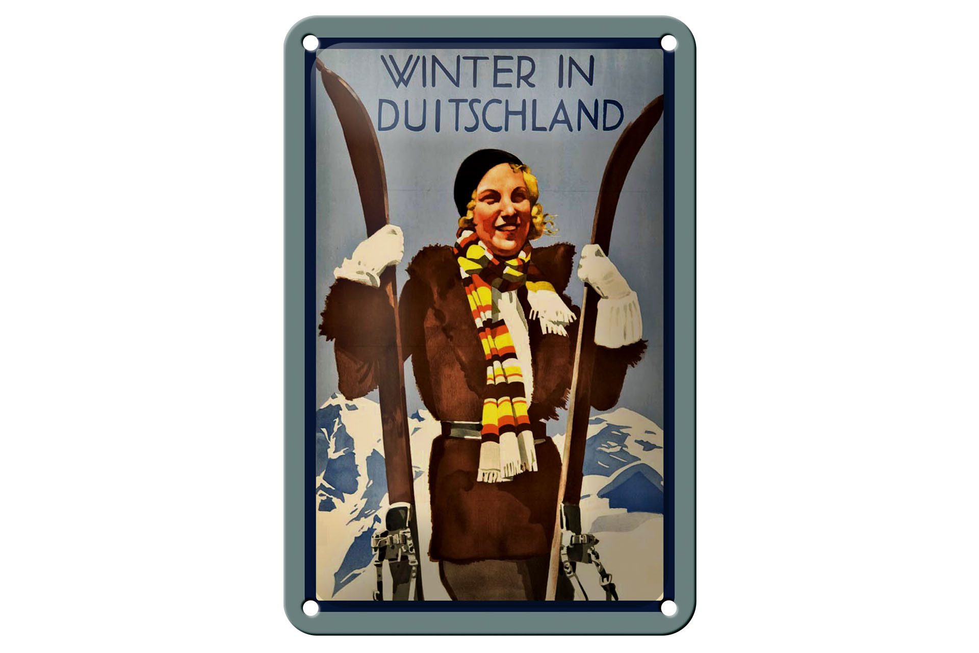 Femer GmbH Metallschild Reise 12x18 cm Winter in Duitschland Frau mit Ski, (1 St), gewölbte Oberfläche, abgerundete Ecken, umgeschlagene Kanten