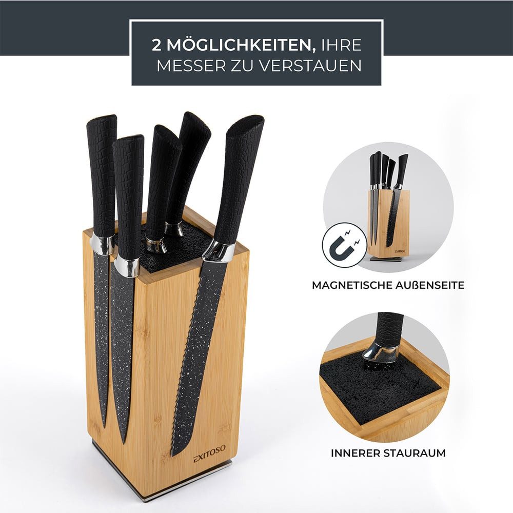 Exitoso Messerblock Messerhalter aus Holz 360-Grad-Drehbar, Messerblock mit Platz für bis zu 20 Messer Borsteneinsatz magnetisch