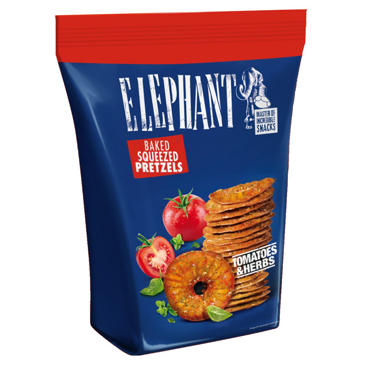 ELEPHANT Knabberei, Alka Elephant Squeezed Pretzels Tomatoes Herbs Laugengebäck 70g
