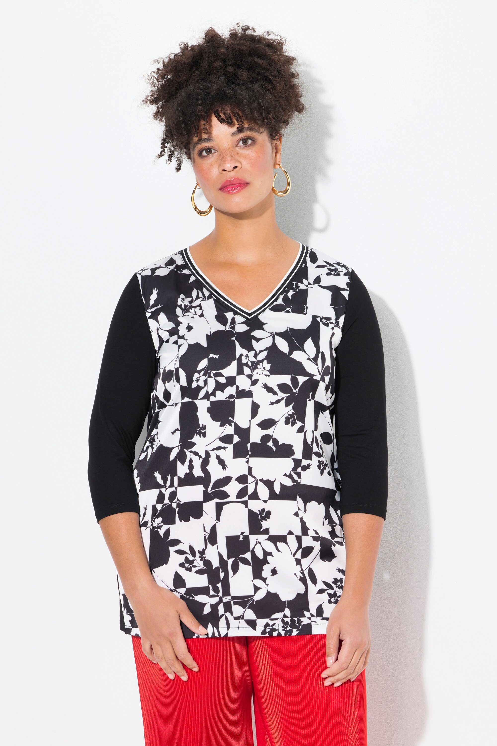 Longbluse Blusenshirt A-Linie Satin mit Muster Jerseyrücken