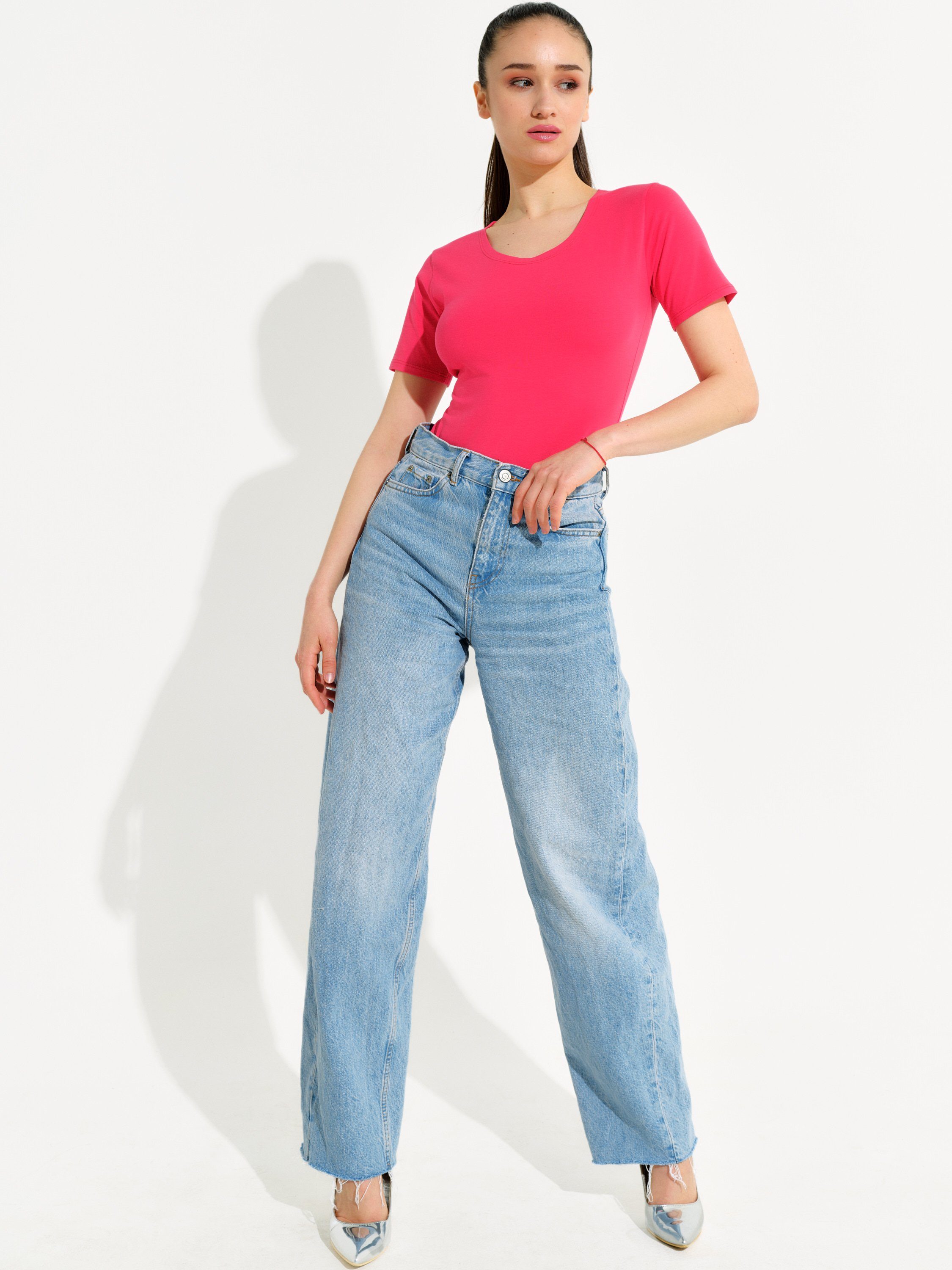 Evoni Body für Damen Kurzarm T-Shirt-Body mit Rundhals