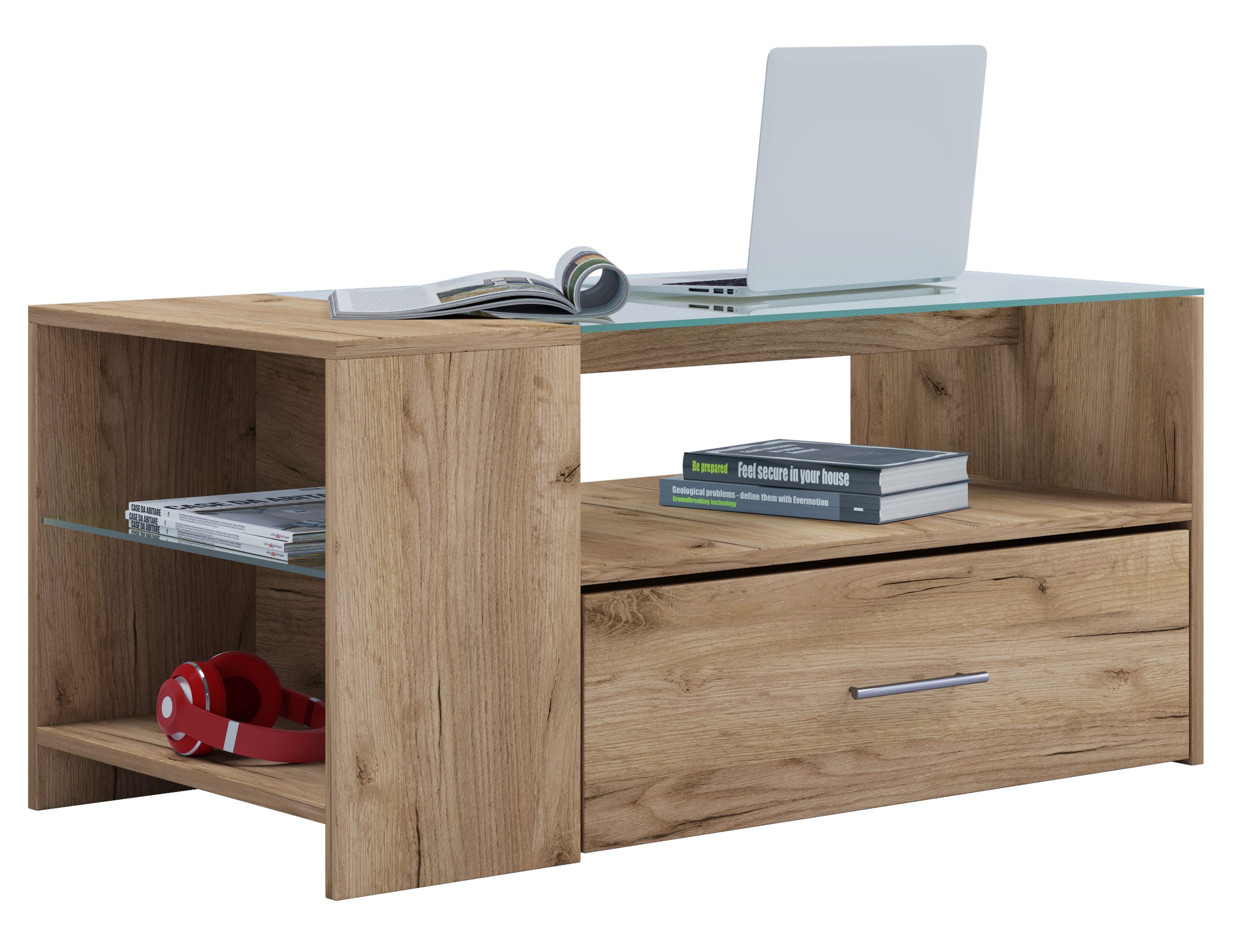 VCM Couchtisch Beistelltisch Wohnzimmer Tindala H. 45 x B. 100 x, Holz Couchtisch mit ESG-Sicherheitsglas