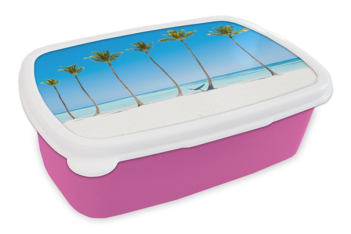 MuchoWow Lunchbox Meer - Palmen - Hängematte, Kunststoff, (2-tlg), Brotbox für Erwachsene, Brotdose Kinder, Snackbox, Mädchen, Kunststoff rosa