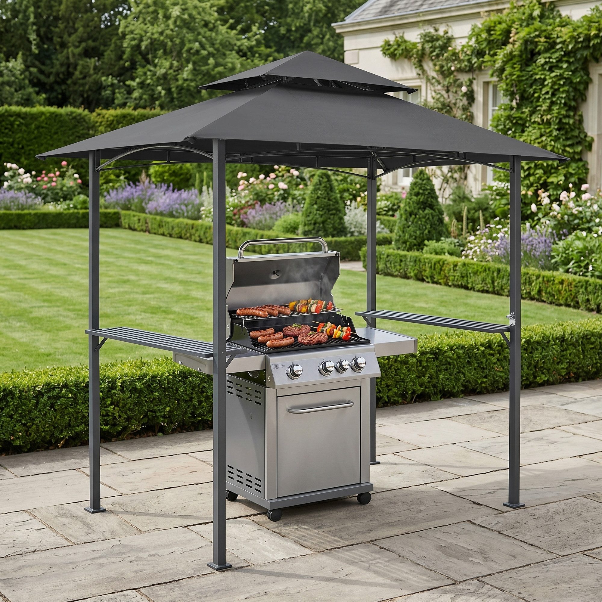 en.casa Grillpavillon, »Parga« mit Doppeldach 250 x 241 x 151 cm Stahlgestell Dunkelgrau