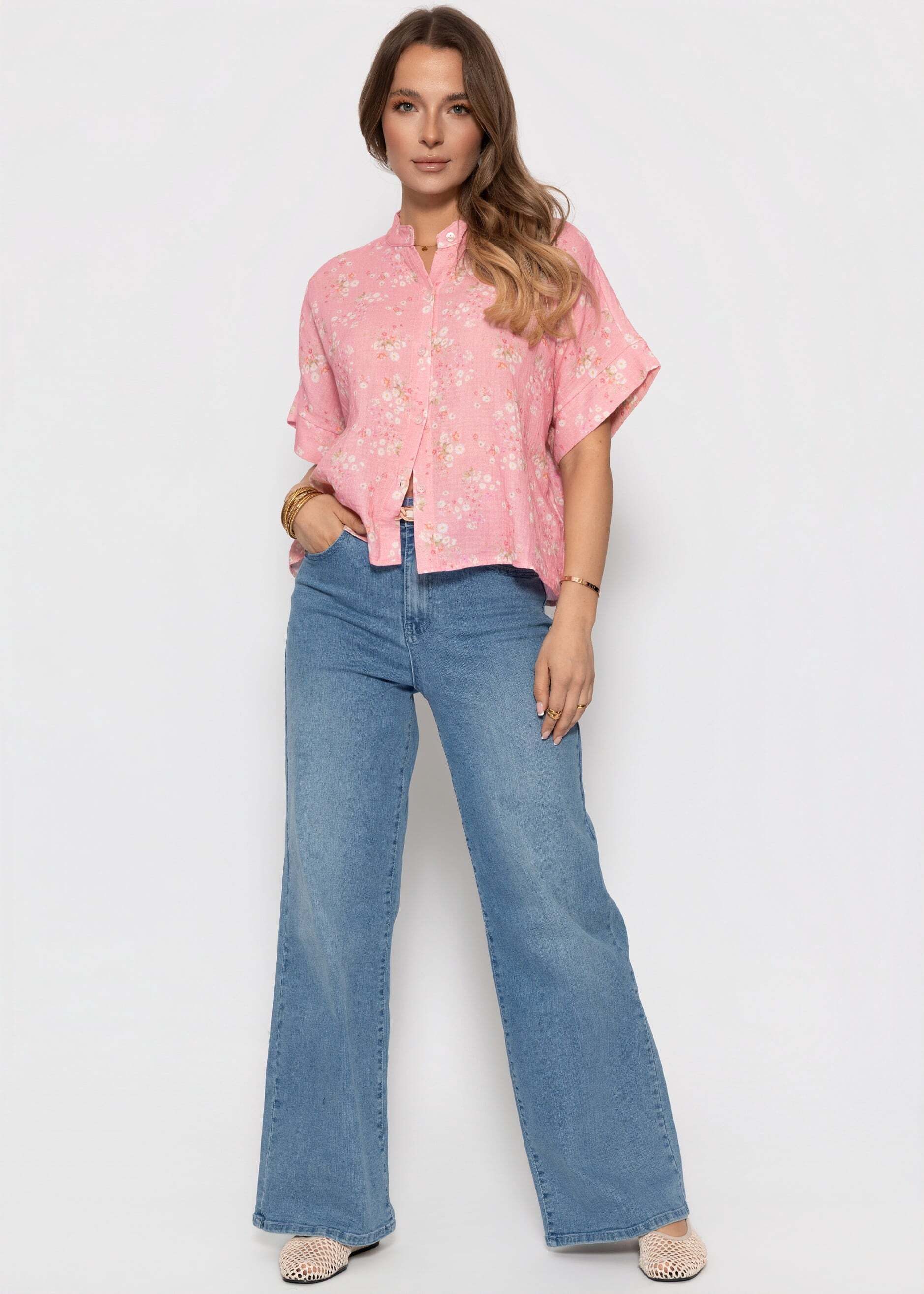 SASSYCLASSY Langarmbluse Musselin Bluse mit Blumenprint für Damen Weiche Bluse mit kurzen Ärmeln in lockerem Schnitt Rosa