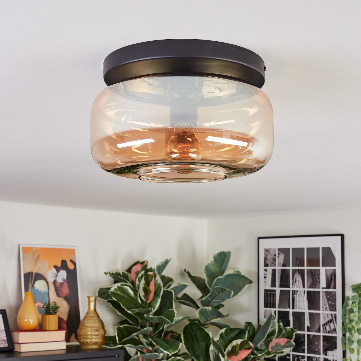 hofstein Deckenleuchte 1-flammige Deckenlampe aus Metall/Glas in Schwarz/Be günstig online kaufen