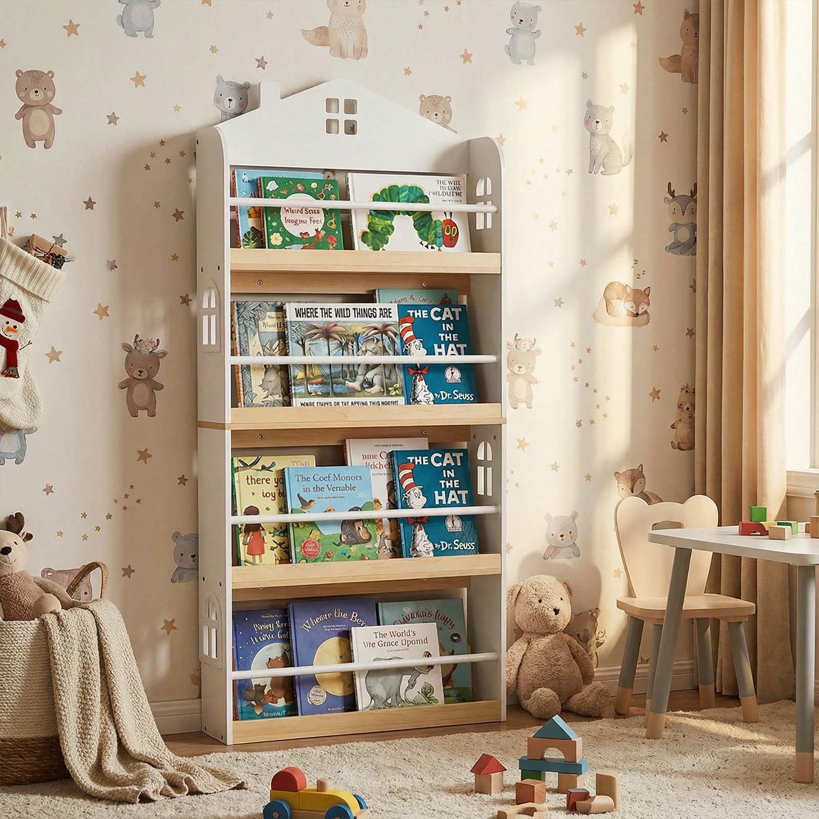 COSTWAY Kinderregal, Mit Sockelleisten, Anti-Fall-Schutz & Metallstangen