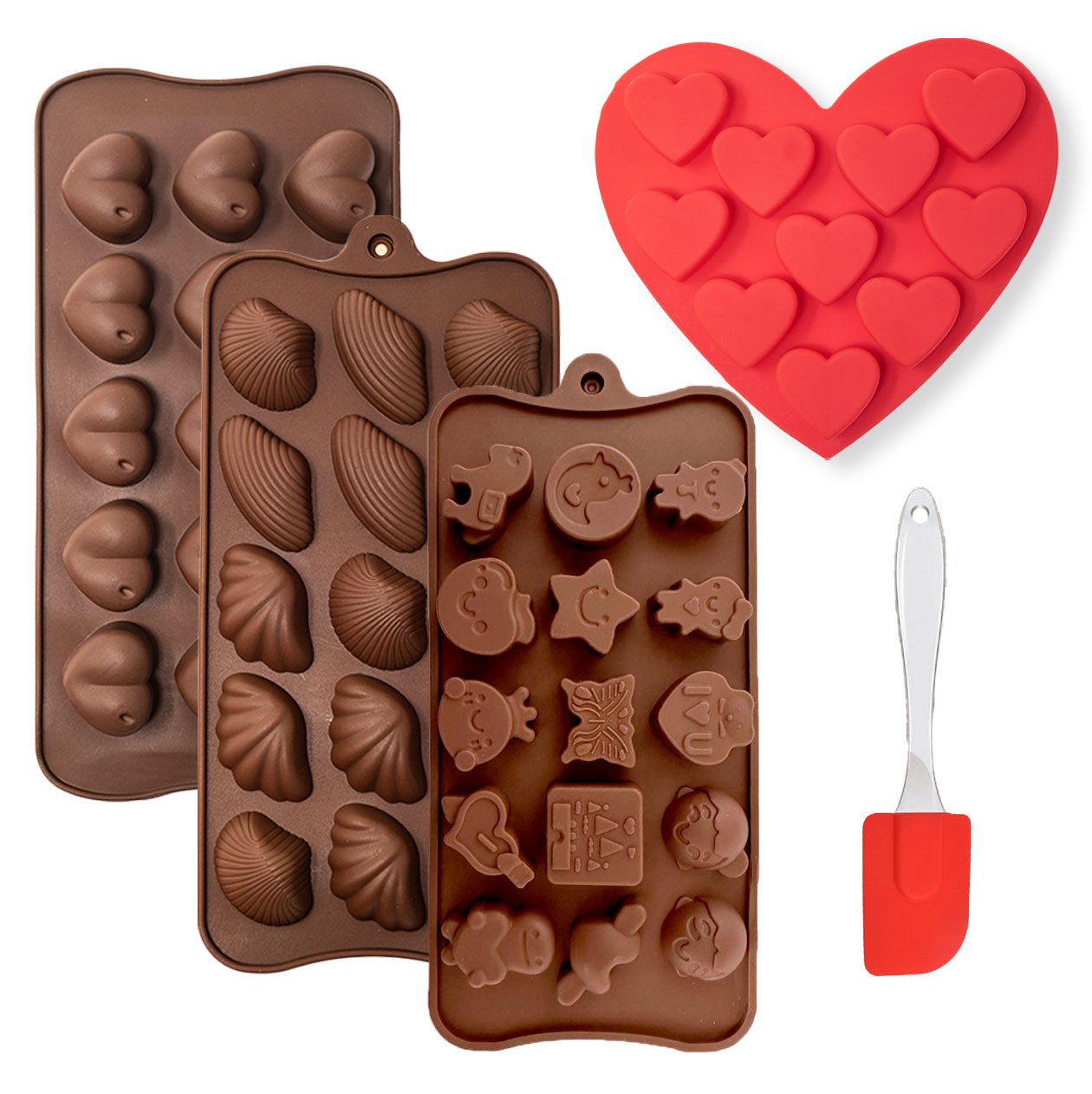 mixed24 Pralinenform 5er Silikon Backformen Pralinenformen inkl. Teigschaber, (Set 5-tlg), Eiswürfelformen Gummibärchen Schokoladenformen Silikonformen