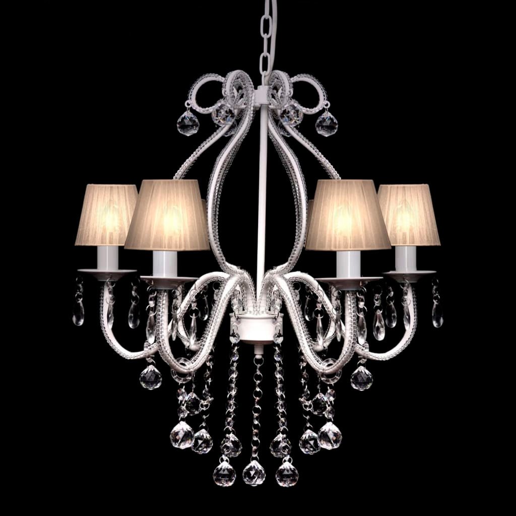 furnicato Kronleuchter Kristall-6-flammig 56,5x54,5 cm in Kristall und Weiß, Edler Lüster mit 2300 Glaskristallen und weißen Stoffschirmen