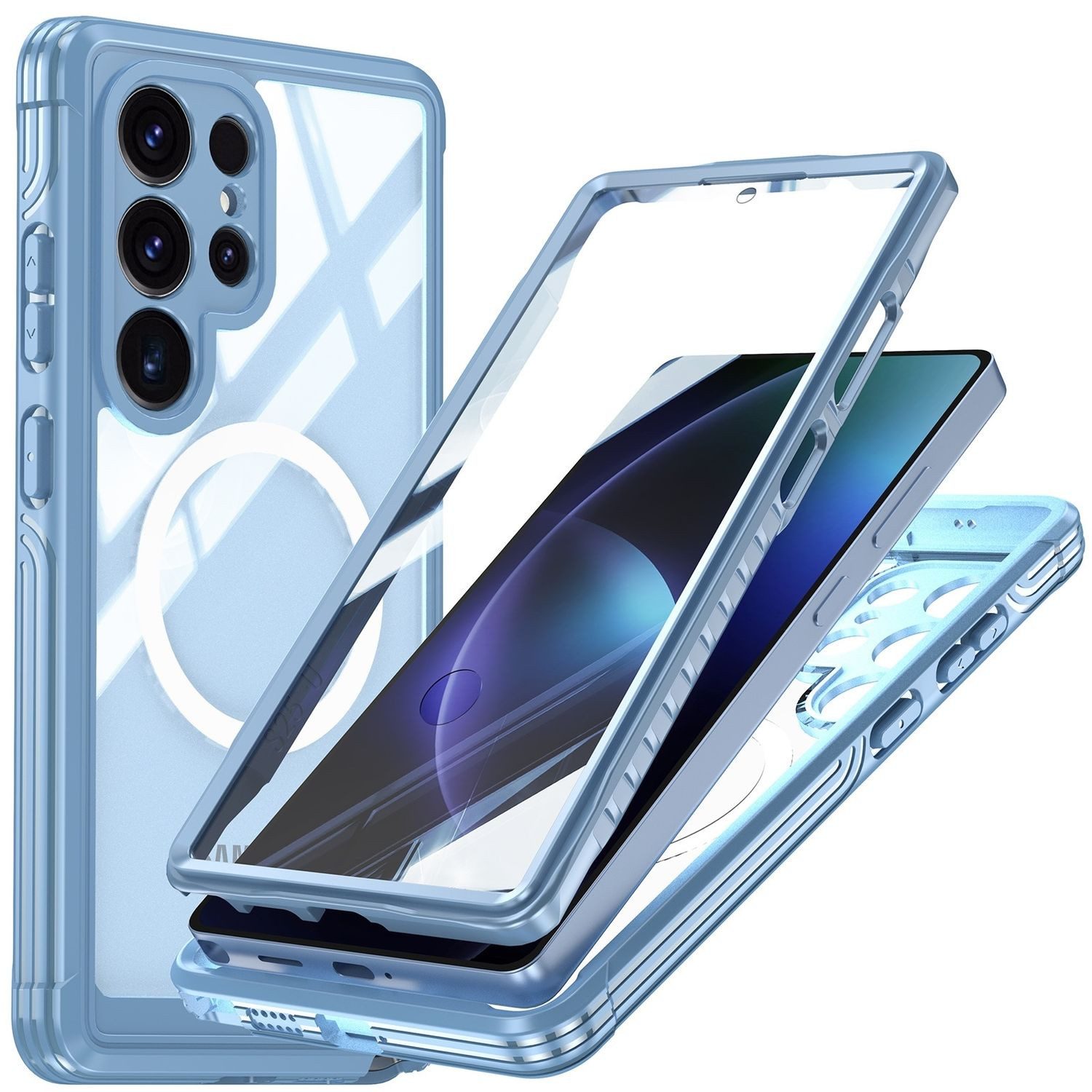 Wigento Handyhülle Für Samsung Galaxy S25 Ultra 5G MagSafe 360 Grad Hybrid Bumper H- Blau, Full Body, MagSafe-Unterstützung, präzise Passform