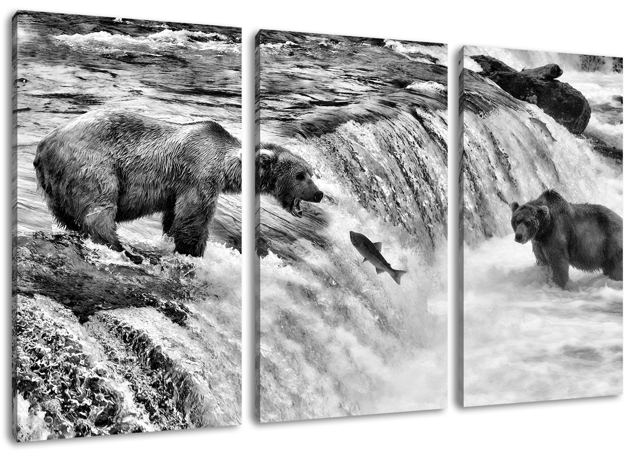 Pixxprint Leinwandbild Bären Zackenaufhänger 3Teiler Leinwandbild inkl. St), Bären (120x80cm) bespannt, fertig (1 Lachs fangen Lachs, fangen