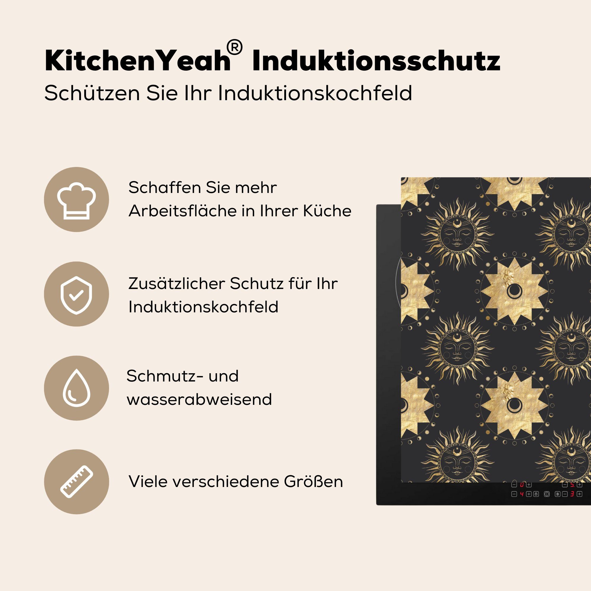 küche Muster Herdblende-/Abdeckplatte - MuchoWow cm, Gold, - tlg), 78x78 Sterne - Vinyl, für Sonne (1 Arbeitsplatte Ceranfeldabdeckung,