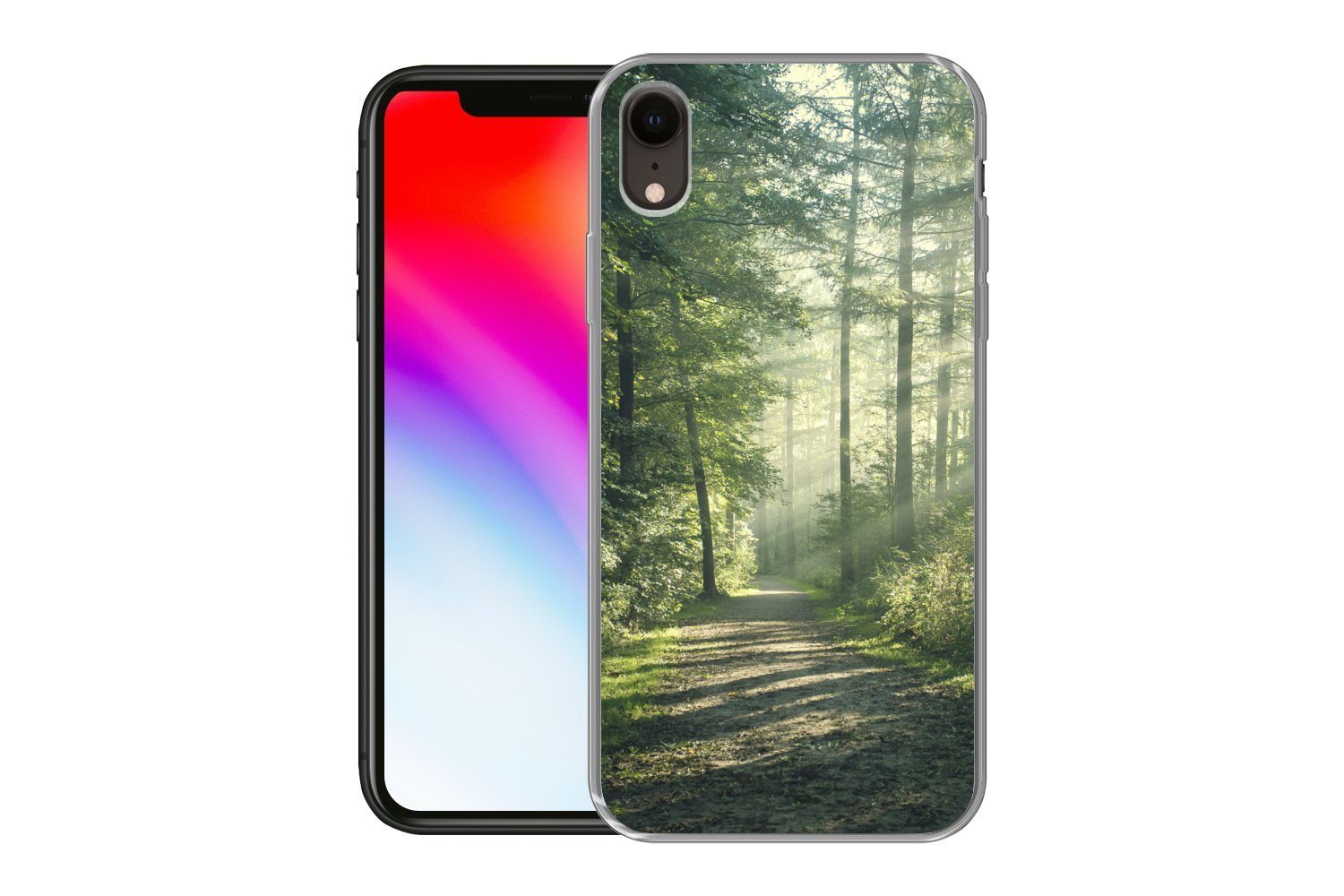 MuchoWow Handyhülle für Apple iPhone XR Wald - Weg - Sonne - Bäume - Grün - Natur, Smartphone-Bumper, Print, Handy Schutzhülle Dünn