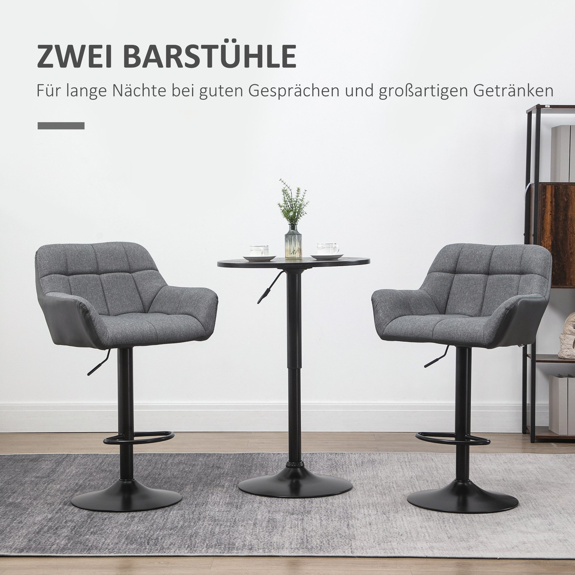 HOMCOM Barhocker Höhenverstellbar Küchenstühle mit Kunstleder, Lehne und Fußstütze (Bistrohocker, 2 St., Barstuhl), Grau 57,5 x 52,5 x 93-114 cm – Bild 4 von 5