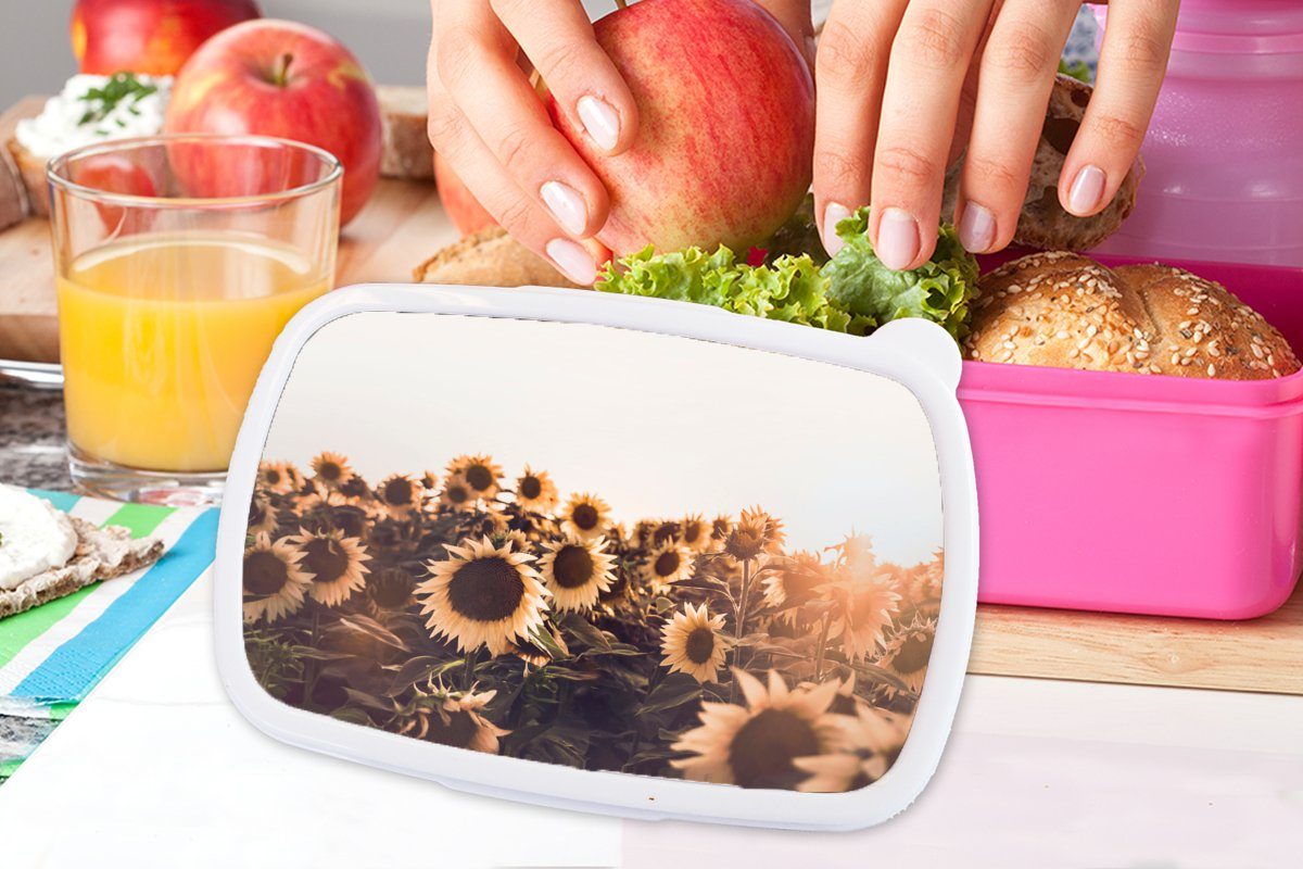 MuchoWow Lunchbox Sonnenblumen rosa Kinder, Brotbox - Brotdose Snackbox, - Blumen Erwachsene, für - (2-tlg), Sonnenuntergang Kunststoff - Mädchen, Feld Kunststoff, Gelb