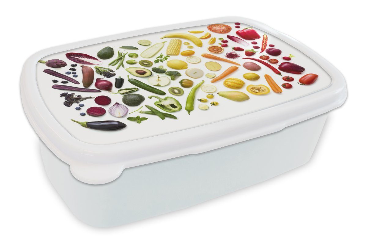 MuchoWow Lunchbox Gemüse - Obst - Regenbogen, Kunststoff, (2-tlg), Brotbox für Kinder und Erwachsene, Brotdose, für Jungs und Mädchen weiß